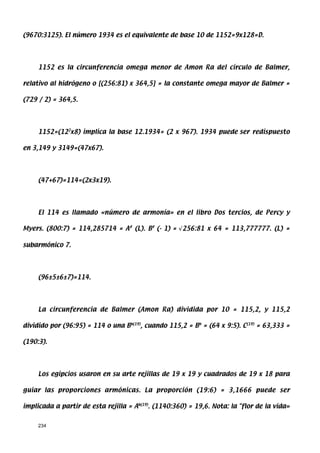 (9670:3125). El número 1934 es el equivalente de base 10 de 1152=9x128=D.




     1152 es la circunferencia omega menor de Amon Ra del círculo de Balmer,

relativo al hidrógeno o [(256:81) x 364,5] = la constante omega mayor de Balmer =

(729 / 2) = 364,5.




     1152=(122x8) implica la base 12.1934= (2 x 967). 1934 puede ser redispuesto

en 3,149 y 3149=(47x67).




     (47+67)=114=(2x3x19).




     El 114 es llamado «número de armonía» en el libro Dos tercios, de Percy y

Myers. (800:7) = 114,285714 = A# (L). B# (- 1) = √256:81 x 64 = 113,777777. (L) =

subarmónico 7.




     (96±5±6±7)=114.




     La circunferencia de Balmer (Amon Ra) dividida por 10 = 115,2, y 115,2

dividido por (96:95) = 114 o una Bb(19), cuando 115,2 = Bb = (64 x 9:5). C(19) = 63,333 =

(190:3).




     Los egipcios usaron en su arte rejillas de 19 x 19 y cuadrados de 19 x 18 para

guiar las proporciones armónicas. La proporción (19:6) = 3,1666 puede ser

implicada a partir de esta rejilla = Ab(19). (1140:360) = 19,6. Nota: la flor de la vida»


     234
 