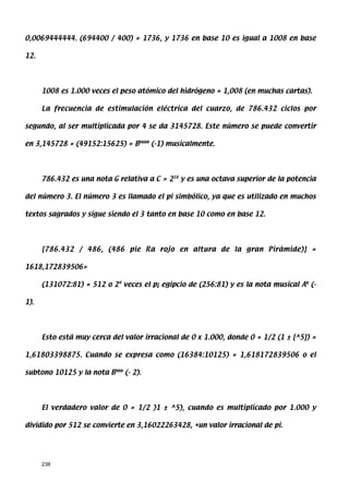 0,0069444444. (694400 / 400) = 1736, y 1736 en base 10 es igual a 1008 en base

12.




      1008 es 1.000 veces el peso atómico del hidrógeno = 1,008 (en muchas cartas).

      La frecuencia de estimulación eléctrica del cuarzo, de 786.432 ciclos por

segundo, al ser multiplicada por 4 se da 3145728. Este número se puede convertir

en 3,145728 = (49152:15625) = Bbbbb (-1) musicalmente.




      786.432 es una nota G relativa a C = 218 y es una octava superior de la potencia

del número 3. El número 3 es llamado el pi simbólico, ya que es utilizado en muchos

textos sagrados y sigue siendo el 3 tanto en base 10 como en base 12.




      [786.432 / 486, (486 pie Ra rojo en altura de la gran Pirámide)] =

1618,172839506=

      (131072:81) = 512 o 29 veces el p¡ egipcio de (256:81) y es la nota musical Ab (-

1).




      Esto está muy cerca del valor irracional de 0 x 1.000, donde 0 = 1/2 (1 ± [^5]) =

1,61803398875. Cuando se expresa como (16384:10125) = 1,618172839506 o el

subtono 10125 y la nota Bbbb (- 2).




      El verdadero valor de 0 = 1/2 )1 ± ^5), cuando es multiplicado por 1.000 y

dividido por 512 se convierte en 3,16022263428, •un valor irracional de pi.




      238
 