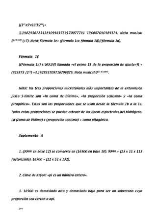 [(321x53x132):246]=

    3,1402430723428409464759170077741 146087646484374. Nota musical

E###(169) (+7). Nota: Fórmula 1e= (fórmula 1cx fórmula 1d)/(fórmula 1a).




    Fórmula 1f.

    [(Fórmula 1a) x (65:53) llamada «el primo 13 de la proporción de ajuste»)] =

(823875 /218) =3,142833709716796875. Nota musical G(13 al cubo).




    Nota: las tres proporciones microtonales más importantes de la entonación

justo 5-límite son «la coma de Dídimo», «la proporción schisma» y «la coma

pitagórica». Estas son las proporciones que se usan desde la fórmula 1b a la 1e.

Todas estas proporciones se pueden extraer de las líneas espectrales del hidrógeno.

La (coma de Dídimo) x (proporción schisma) = coma pitagórica.




    Suplemento A




    1. (9944 en base 12) se convierte en (16900 en base 10). 9944 = (23 x 11 x 113

factorizado). 16900 = (22 x 52 x 132).




    2. Clave de Kryon: «pi es un número entero».




    3. 16900 es demasiado alto y demasiado bajo para ser un sobretono cuya

proporción sea cercan a api.


    244
 