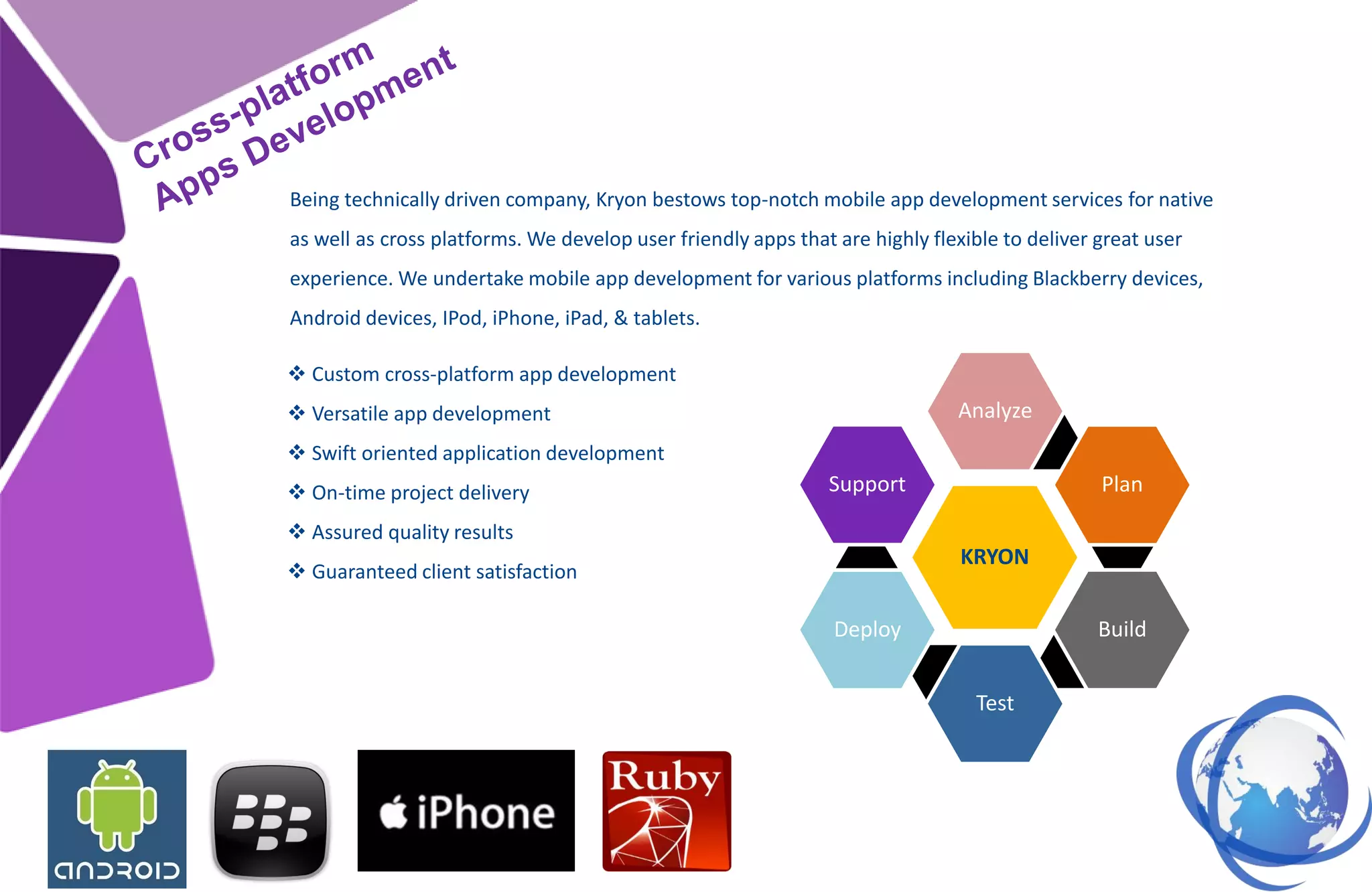 Being technically driven company, Kryon bestows top-notch mobile app development services for native
as well as cross platforms. We develop user friendly apps that are highly flexible to deliver great user
experience. We undertake mobile app development for various platforms including Blackberry devices,
Android devices, IPod, iPhone, iPad, & tablets.
 Custom cross-platform app development
 Versatile app development
 Swift oriented application development
 On-time project delivery
 Assured quality results
 Guaranteed client satisfaction
KRYON
Analyze
Plan
Build
Test
Deploy
Support
 