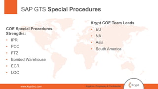 www.kryptinc.com
SAP GTS Special Procedures
COE Special Procedures
Strengths:
• IPR
• PCC
• FTZ
• Bonded Warehouse
• ECR
• LOC
Krypt COE Team Leads
• EU
• NA
• Asia
• South America
Krypt Inc. Proprietary & Confidential
 