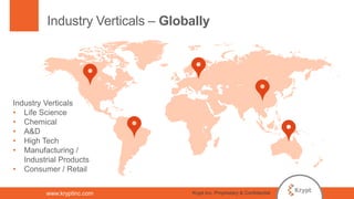www.kryptinc.com
Industry Verticals – Globally
Industry Verticals
• Life Science
• Chemical
• A&D
• High Tech
• Manufacturing /
Industrial Products
• Consumer / Retail
Krypt Inc. Proprietary & Confidential
 