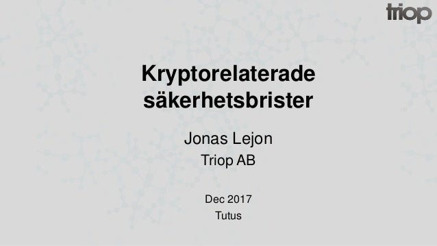 Kryptorelaterade
säkerhetsbrister
Jonas Lejon
Triop AB
Dec 2017
Tutus
 