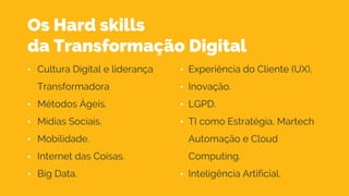 Os Hard skills
da Transformação Digital
• Cultura Digital e liderança
Transformadora
• Métodos Ágeis.
• Mídias Sociais.
• Mobilidade.
• Internet das Coisas.
• Big Data.
• Experiência do Cliente (UX).
• Inovação.
• LGPD.
• TI como Estratégia, Martech
Automação e Cloud
Computing.
• Inteligência Artificial.
 