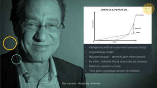 Ray Kurzweil – Singularity University
• Inteligência artificial com níveis humanos (2029);
• Singularidade (2045);
• Neurotecnologia – conexão com redes neurais;
• RV e RA - trabalho físicos uma coisa do passado;
• Medicina, retardar a morte;
• Terra 100% conectada através de satelites.
 
