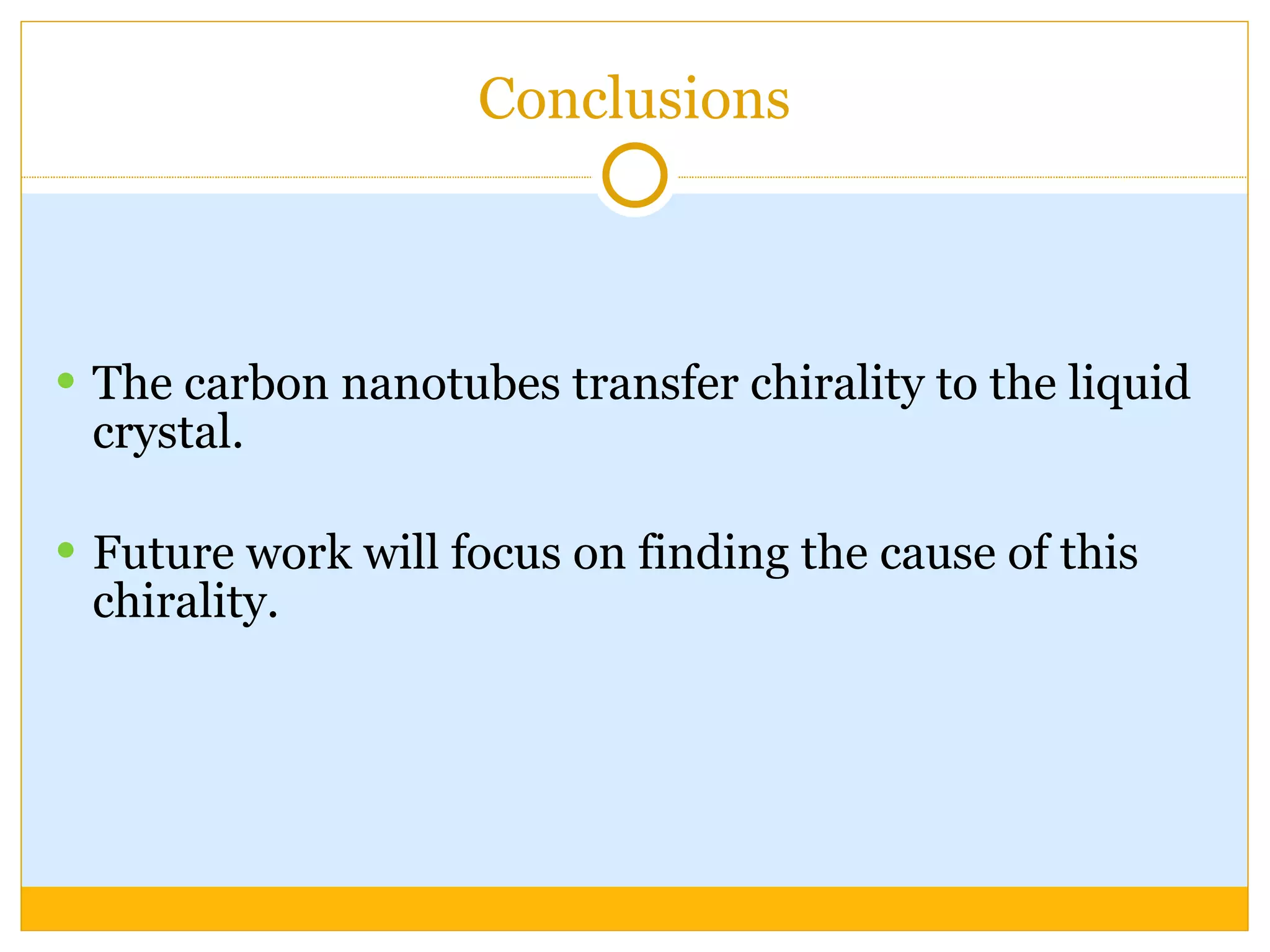 Conclusions The carbon nanotubes transfer chirality to the liquid crystal. Future work will focus on finding the cause of this chirality. 