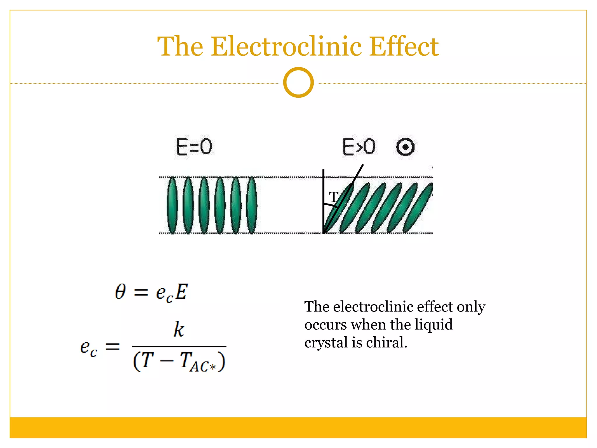 The Electroclinic Effect 𝜽 The electroclinic effect only occurs when the liquid crystal is chiral. 