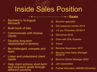 Inside Sales Position 
 Bachelor’s, bi-lingual, 
Microsoft 
 Build book of lists 
 Communicate with diverse 
clients 
 Develop long-term 
relationships in territory 
 Be challenged, compete and 
learn 
 Listen and understand client 
needs 
 Help client achieve short-term 
and long-term goals through 
different solutions 
Goals 
 Become specialist 
 Get awesome mentor 2014 
 1-2 yrs. Promotion 2016/17 
 Get bonus 2015 
 Grow with DHL Express 
 Travel 
 Become Supervisor 2017 
 Become Area Sales Manager 
2018/19 
 Become Senior Manager 2020 
 Join association 
 Further Education (AIESEC/GrowOp) 
 