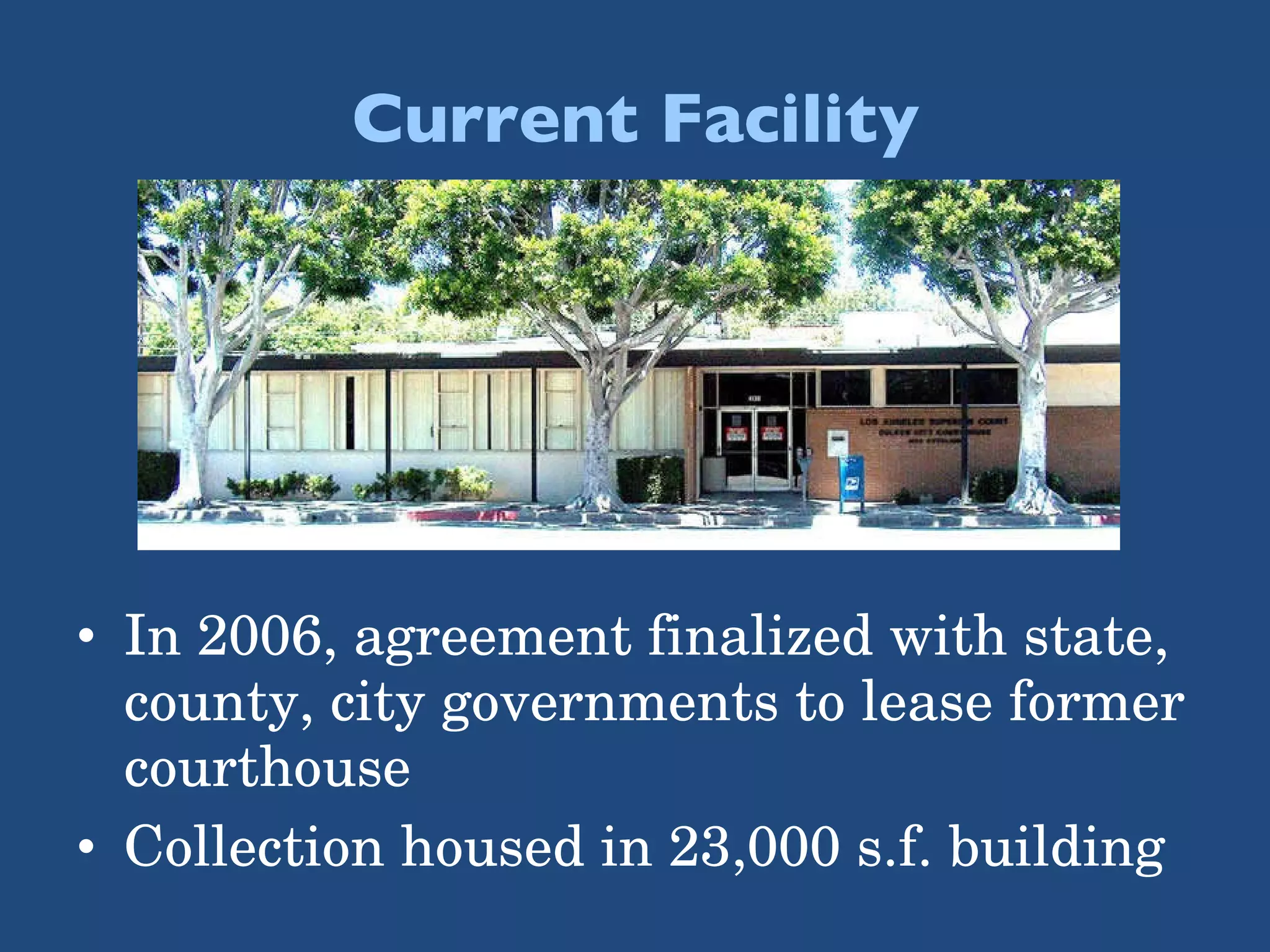 Current Facility In 2006, agreement finalized with state, county, city governments to lease former courthouse Collection housed in 23,000 s.f. building 
