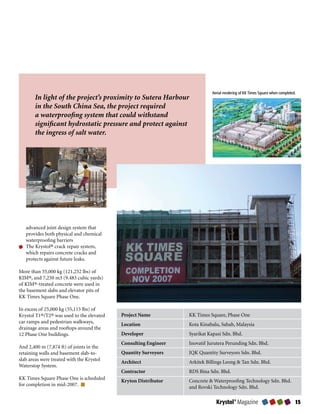 Aerial rendering of KK Times Square when completed.
       In light of the project’s proximity to Sutera Harbour
       in the South China Sea, the project required
       a waterproofing system that could withstand
       significant hydrostatic pressure and protect against
       the ingress of salt water.




   advanced joint design system that
   provides both physical and chemical
   waterproofing barriers
   The Krystol® crack repair system,
   which repairs concrete cracks and
   protects against future leaks.

More than 55,000 kg (121,252 lbs) of
KIM®, and 7,250 m3 (9.483 cubic yards)
of KIM®-treated concrete were used in
the basement slabs and elevator pits of
KK Times Square Phase One.

In excess of 25,000 kg (55,115 lbs) of
Krystol T1®/T2® was used to the elevated   Project Name          KK Times Square, Phase One
car ramps and pedestrian walkways,
                                           Location              Kota Kinabalu, Sabah, Malaysia
drainage areas and rooftops around the
12 Phase One buildings.                    Developer             Syarikat Kapasi Sdn. Bhd.
                                           Consulting Engineer   Inovatif Jurutera Perunding Sdn. Bhd.
And 2,400 m (7,874 ft) of joints in the
retaining walls and basement slab-to-      Quantity Surveyors    JQK Quantity Surveyors Sdn. Bhd.
slab areas were treated with the Krystol
                                           Architect             Arkitek Billings Leong  Tan Sdn. Bhd.
Waterstop System.
                                           Contractor            RDS Bina Sdn. Bhd.
KK Times Square Phase One is scheduled
                                           Kryton Distributor    Concrete  Waterproofing Technology Sdn. Bhd.
for completion in mid-2007.
                                                                 and Rovski Technology Sdn. Bhd.

                                                                             Krystol® Magazine                               
 