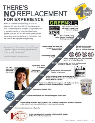 THERE’S

NO REPLACEMENT
FOR ExPERIE NCE
Kryton is excited to be celebrating 40 years of
business this year! Since 1973 Kryton has evolved

Wins Greensite Award in
the Judge’s Choice in the
Industrial category

from a small company to being the recognized leader
globally. Over the last four decades Kryton has seen

Wins STAR Marketing
Award from the Construction
Marketing Association

tremendous growth and change in the industry. Here
are some of the highlights along the way:

Named number two of the best
companies to work for in
british Columbia

“I’ve specified Kryton products for over 20 years.
I get great support, but, mostly, my clients trust
Kryton to build their projects.”
Susan Morris, President, Morris Specifications Inc.

in the UK

2008

2009

2011

2012

Named number three of
the best companies to
work for in british Columbia

2010
Named number three of the best companies
to work for in british Columbia

Named number nine of the best companies
to work for in british Columbia

in Singapore

Kari Yuers
appointed as
President &
CEO in 2001

Kryton opens

2006
2003

2007

Kryton moves to current larger
location in Vancouver

Krystol Waterstop System recognized with a
Most Innovative Product award from Hanley Wood
and the World of Concrete

Krystol Internal Membrane recognized with the Experts’ Choice
Award for the Most Innovative Product competition

2001
1996
1980
1975

First international customer in Australia

1973
Kryton International Inc. is founded in Richmond, bC Canada
by Ron Yuers with four employees
Krystol® Magazine

Volume 16 | Issue 1

1
3

 
