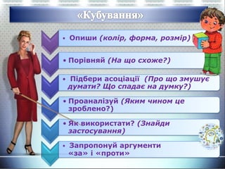 • Опиши (колір, форма, розмір)
• Порівняй (На що схоже?)
• Підбери асоціації (Про що змушує
думати? Що спадає на думку?)
• Проаналізуй (Яким чином це
зроблено?)
• Як використати? (Знайди
застосування)
• Запропонуй аргументи
«за» і «проти»
 