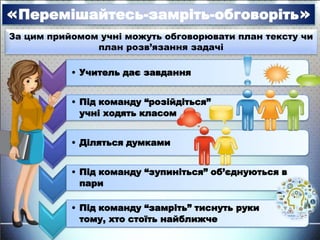 Перемішайтесь-замріть-обговоріть
• Учитель дає завдання
• Під команду “розійдіться”
учні ходять класом
• Діляться думками
• Під команду “зупиніться” об’єднуються в
пари
• Під команду “замріть” тиснуть руки
тому, хто стоїть найближче
За цим прийомом учні можуть обговорювати план тексту чи
план розв’язання задачі
 