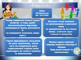 КЛАС
об’єднується
НА 5-6 ГРУП
Вчитель готує плакати
із запитаннями з вивченої
теми
та прикріплює їх на стінах
класу (скільки груп –
стільки й плакатів)
Кожна група отримує
маркер певного кольору й
обирає
будь-який плакат із
запитанням.
Групи відповідають письмово
на своє запитання, після
чого за напрямком руху
годинникової стрілки вони
переходять до нового плакату
із запитанням
Тепер завдання кожної групи
полягає в тому, щоби
проаналізувати відповідь
попередньої групи, доповнити
її
чи виправити помилки, якщо
такі є
 