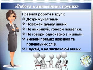 Правила роботи в групі:
 Дотримуйся теми.
 Поважай думку інших.
 Не викрикуй, говори пошепки.
 Не говори одночасно з іншими.
 Уникай прямих вказівок та
повчальних слів.
 Слухай, а не заспокоюй інших.
 