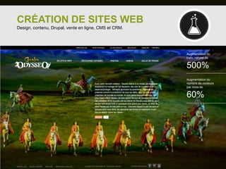 CRÉATION DE SITES WEB
Design, contenu, Drupal, vente en ligne, CMS et CRM.




                                                       Augmentation du
                                                       trafic naturel de

                                                       500%
                                                       Augmentation du
                                                       nombre de visiteurs
                                                       par mois de

                                                       60%
 