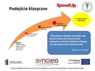 Podejście klasyczne
                                                                                Ponadprzeciętna
                                                                                  rentownośd
                                                           Przewaga
                                                           konkurencyjna
                                          Wartośd dodana
                                          dla firmy

                         Wartośd dodana
                         dla nabywcy                 ‘’Warunkiem zdobycia przewagi nad
                                                     konkurentami jest dostarczanie
      Pozycja
                                                     nabywcom wartości dodanej większej
      zajmowana w                                    niż oferowana przez konkurentów”
      sektorze (koszt,
      wyróżnienie
      produktu)                                                            Michael E. Porter




Projekt współfinansowany przez Unię Europejską w ramach Europejskiego Funduszu Społecznego
 
