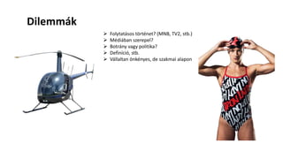 Dilemmák
 Folytatásos történet? (MNB, TV2, stb.)
 Médiában szerepel?
 Botrány vagy politika?
 Definíció, stb.
 Vállaltan önkényes, de szakmai alapon
 