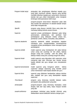 Supervisi Akademik Implementasi Kurikulum 2013 ix
Program tindak lanjut penguatan dan penghargaan diberikan kepada guru
yang telah memenuhi standar, teguran yang bersifat
mendidik diberikan kepada guru yang belum memenuhi
standar dan guru diberi kesempatan untuk mengikuti
bimbingan teknis/penataran lebih lanjut
Realistics program-program benar-benar didasarkan pada data
atau kondisi dan kebutuhan riil sekolah-sekolah binaan
serta tidak mengada-ada
Specific program yang disusun memiliki fokus yang jelas dan
mencakup bidang tertentu secara khusus.
Supervisi supervisi proses pembelajaran dilakukan pada tahap
perencanaan, pelaksanaan, dan penilaian hasil
pembelajaran yang dilakukan melalui antara lain,
pemberian contoh, diskusi, konsultasi, atau pelatihan.
Supervisi akademik supervisi akademik adalah serangkaian kegiatan
membantu guru mengembangkan kemampuannya
mengelola proses pembelajaran untuk mencapai tujuan
pembelajaran
Supervisi artistik model supervisi yang mendasarkan diri pada bekerja
untuk orang lain (working for the other), bekerja
dengan orang lain (working with the other), dan
bekerja melalui orang lain (working trough the other).
Supervisi ilmiah model supervisi yang digunakan oleh supervisor untuk
menjaring data atau informasi dan menilai kinerja
kepala sekolah dan guru dengan cara menyebarkan
angket
Supervisi konvensional model supervisi yang menganut paham bahwa
supervisor sebagai seseorang yang memiliki power
untuk menentukan nasib kepala sekolah dan guru
Supervisi klinis supervisi yang dilakukan berdasarkan adanya keluhan
atau masalah dari guru yang disampaikan kepada
supervisor
Time Bound program yang dirancang memiliki batasan waktu
pencapaian atau pelaksanaan yang jelas
Achieveable program-program yang dirancang terjangkau untuk
dicapai, baik dari segi waktu, biaya maupun kondisi
yang ada
causal-conference percakapan individual yang bersifat informal, yang
dilaksanakan secara kebetulan bertemu dengan guru
 