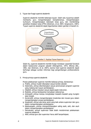 4 Supervisi Akademik Implementasi Kurikulum 2013
2. Tujuan dan fungsi supervisi akademik
Supervisi akademik memiliki beberapa tujuan. Salah satu tujuannya adalah
membantu guru mengembangkan kompetensinya, mengembangkan
kurikulum, mengembangkan kelompok kerja guru, dan membimbing
penelitian tindakan kelas (PTK) (Glickman, et al; 2007, Sergiovanni, 1987).
Tujuan supervisi akademik dapat digambarkan dalam gambar di bawah ini.
Selain itu, supervisi akademik memiliki fungsi mendasar (essential function)
dalam keseluruhan program sekolah (Weingartner, 1973; Alfonso dkk.,
1981; dan Glickman, et al; 2007), karena hasil supervisi akademik dapat
berfungsi sebagai sumber informasi bagi pengembangan profesionalisme
guru.
3. Prinsip-prinsip supervisi akademik
Proses pelaksanaan supervisi memiliki beberpa prinsip, diantaranya:
a. Praktis, artinya mudah dikerjakan sesuai kondisi sekolah.
b. Sistematis, artinya dikembangkan sesuai perencanaan program supervisi
yang matang dan tujuan pembelajaran.
c. Objektif, artinya masukan sesuai aspek-aspek instrumen.
d. Realistis, artinya berdasarkan kenyataan sebenarnya.
e. Antisipatif, artinya mampu menghadapi masalah-masalah yang mungkin
akan terjadi.
f. Konstruktif, artinya mengembangkan kreativitas dan inovasi guru dalam
mengembangkan proses pembelajaran.
g. Kooperatif, artinya ada kerja sama yang baik antara supervisor dan guru
dalam mengembangkan pembelajaran.
h. Kekeluargaan, artinya mempertimbangkan saling asah, asih, dan asuh
dalam mengembangkan pembelajaran.
i. Demokratis, artinya supervisor tidak boleh mendominasi pelaksanaan
supervisi akademik.
j. Aktif, artinya guru dan supervisor harus aktif berpartisipasi.
TIGA
TUJUAN
SUPERVISI
Pengembangan
Profesionalisme
Pengendalian
MutuPenumbuha
n Motivasi
Gambar 3. Segitiga Tujuan Supervisi
 