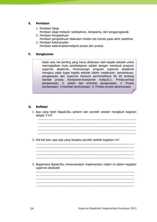 24 Supervisi Akademik Implementasi Kurikulum 2013
Salah satu hal penting yang harus dilakukan oleh kepala sekolah untuk
meningkatkan mutu pembelajaran adalah dengan membuat program
supervisi akademik. Perencanaan program supervisi akademik
mengacu pada tugas kepala sekolah dalam melakukan: pemantauan,
pengawasan dan supervisi menurut permendikbud No 65 tentang
standar proses. Komponen-komponen meliputi;1. Prinsip-prinsip
pengawasan, 2, sistem dan entinitas pengawasan, 3. Proses
pengawasan, 4.manfaat perencanaan, 5. Prinsip-prinsip perencanaan
E. Penilaian
1. Penilaian Sikap
Penilaian sikap meliputi: kedisiplinan, kerjasama, dan tanggungjawab
2. Penilaian Pengetahuan
Penilaian pengetahuan dilakukan melalui tes tertulis pada akhir pelatihan
3. Penilaian Keterampilan
Penilaian keterampilanmeliputi proses dan produk
F. Rangkuman
G. Refleksi
1. Apa yang telah Bapak/Ibu pahami dan peroleh setelah mengikuti kegiatan
belajar 3 ini?
................................................................................................................
................................................................................................................
................................................................................................................
................................................................................................................
................................................................................................................
2. Hal-hal baru apa saja yang Saudara peroleh setelah kegiatan ini?
................................................................................................................
................................................................................................................
................................................................................................................
................................................................................................................
................................................................................................................
3. Bagaimana Bapak/Ibu merencanakan implementasi materi ini dalam kegiatan
supervisi disekolah
................................................................................................................
................................................................................................................
................................................................................................................
................................................................................................................
................................................................................................................
 
