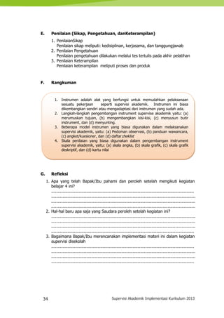34 Supervisi Akademik Implementasi Kurikulum 2013
1. Instrumen adalah alat yang berfungsi untuk memudahkan pelaksanaan
sesuatu pekerjaan seperti supervisi akademik. Instrumen ini biasa
dikembangkan sendiri atau mengadaptasi dari instrumen yang sudah ada.
2. Langkah-langkah pengembangan instrument supervise akademik yaitu: (a)
merumuskan tujuan, (b) mengembangkan kisi-kisi, (c) menyusun butir
instrument, dan (d) menyunting.
3. Beberapa model instrumen yang biasa digunakan dalam melaksanakan
supervisi akademik, yaitu: (a) Pedoman observasi, (b) panduan wawancara,
(c) angket/kuesioner, dan (d) daftarcheklist
4. Skala penilaian yang biasa digunakan dalam pengembangan instrument
supervisi akademik, yaitu: (a) skala angka, (b) skala grafik, (c) skala grafik
deskriptif, dan (d) kartu nilai
E. Penilaian (Sikap, Pengetahuan, danKeterampilan)
1. PenilaianSikap
Penilaian sikap meliputi: kedisiplinan, kerjasama, dan tanggungjawab
2. Penilaian Pengetahuan
Penilaian pengetahuan dilakukan melalui tes tertulis pada akhir pelatihan
3. Penilaian Keterampilan
Penilaian keterampilan meliputi proses dan produk
F. Rangkuman
G. Refleksi
1. Apa yang telah Bapak/Ibu pahami dan peroleh setelah mengikuti kegiatan
belajar 4 ini?
..................................................................................................................
...................................................................................................................
...................................................................................................................
...................................................................................................................
2. Hal-hal baru apa saja yang Saudara peroleh setelah kegiatan ini?
...................................................................................................................
...................................................................................................................
...................................................................................................................
..................................................................................................................
3. Bagaimana Bapak/Ibu merencanakan implementasi materi ini dalam kegiatan
supervisi disekolah
..................................................................................................................
...................................................................................................................
...................................................................................................................
..................................................................................................................
 