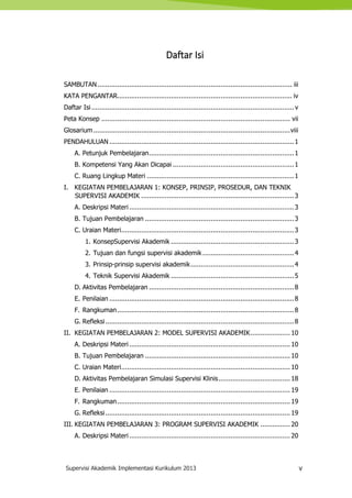Supervisi Akademik Implementasi Kurikulum 2013 v
Daftar Isi
SAMBUTAN.................................................................................................. iii
KATA PENGANTAR........................................................................................ iv
Daftar Isi......................................................................................................v
Peta Konsep ............................................................................................... vii
Glosarium...................................................................................................viii
PENDAHULUAN .............................................................................................1
A. Petunjuk Pembelajaran.........................................................................1
B. Kompetensi Yang Akan Dicapai .............................................................1
C. Ruang Lingkup Materi ..........................................................................1
I. KEGIATAN PEMBELAJARAN 1: KONSEP, PRINSIP, PROSEDUR, DAN TEKNIK
SUPERVISI AKADEMIK .............................................................................3
A. Deskripsi Materi...................................................................................3
B. Tujuan Pembelajaran ...........................................................................3
C. Uraian Materi.......................................................................................3
1. KonsepSupervisi Akademik ..............................................................3
2. Tujuan dan fungsi supervisi akademik ..............................................4
3. Prinsip-prinsip supervisi akademik....................................................4
4. Teknik Supervisi Akademik ..............................................................5
D. Aktivitas Pembelajaran .........................................................................8
E. Penilaian .............................................................................................8
F. Rangkuman.........................................................................................8
G. Refleksi...............................................................................................8
II. KEGIATAN PEMBELAJARAN 2: MODEL SUPERVISI AKADEMIK.................... 10
A. Deskripsi Materi................................................................................. 10
B. Tujuan Pembelajaran ......................................................................... 10
C. Uraian Materi..................................................................................... 10
D. Aktivitas Pembelajaran Simulasi Supervisi Klinis.................................... 18
E. Penilaian ........................................................................................... 19
F. Rangkuman....................................................................................... 19
G. Refleksi............................................................................................. 19
III. KEGIATAN PEMBELAJARAN 3: PROGRAM SUPERVISI AKADEMIK ............... 20
A. Deskripsi Materi................................................................................. 20
 