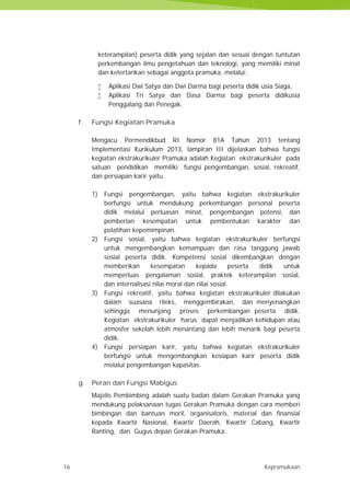16 Kepramukaan
keterampilan) peserta didik yang sejalan dan sesuai dengan tuntutan
perkembangan ilmu pengetahuan dan teknologi, yang memiliki minat
dan ketertarikan sebagai anggota pramuka, melalui:
 Aplikasi Dwi Satya dan Dwi Darma bagi peserta didik usia Siaga,
 Aplikasi Tri Satya dan Dasa Darma bagi peserta didikusia
Penggalang dan Penegak.
f. Fungsi Kegiatan Pramuka
Mengacu Permendikbud RI Nomor 81A Tahun 2013 tentang
Implementasi Kurikulum 2013, lampiran III dijelaskan bahwa fungsi
kegiatan ekstrakurikuler Pramuka adalah Kegiatan ekstrakurikuler pada
satuan pendidikan memiliki fungsi pengembangan, sosial, rekreatif,
dan persiapan karir yaitu.
1) Fungsi pengembangan, yaitu bahwa kegiatan ekstrakurikuler
berfungsi untuk mendukung perkembangan personal peserta
didik melalui perluasan minat, pengembangan potensi, dan
pemberian kesempatan untuk pembentukan karakter dan
pelatihan kepemimpinan.
2) Fungsi sosial, yaitu bahwa kegiatan ekstrakurikuler berfungsi
untuk mengembangkan kemampuan dan rasa tanggung jawab
sosial peserta didik. Kompetensi sosial dikembangkan dengan
memberikan kesempatan kepada peserta didik untuk
memperluas pengalaman sosial, praktek keterampilan sosial,
dan internalisasi nilai moral dan nilai sosial.
3) Fungsi rekreatif, yaitu bahwa kegiatan ekstrakurikuler dilakukan
dalam suasana rileks, menggembirakan, dan menyenangkan
sehingga menunjang proses perkembangan peserta didik.
Kegiatan ekstrakurikuler harus dapat menjadikan kehidupan atau
atmosfer sekolah lebih menantang dan lebih menarik bagi peserta
didik.
4) Fungsi persiapan karir, yaitu bahwa kegiatan ekstrakurikuler
berfungsi untuk mengembangkan kesiapan karir peserta didik
melalui pengembangan kapasitas.
g. Peran dan Fungsi Mabigus
Majelis Pembimbing adalah suatu badan dalam Gerakan Pramuka yang
mendukung pelaksanaan tugas Gerakan Pramuka dengan cara memberi
bimbingan dan bantuan moril, organisatoris, material dan finansial
kepada Kwartir Nasional, Kwartir Daerah, Kwartir Cabang, Kwartir
Ranting, dan Gugus depan Gerakan Pramuka.
16 Kepramukaan
keterampilan) peserta didik yang sejalan dan sesuai dengan tuntutan
perkembangan ilmu pengetahuan dan teknologi, yang memiliki minat
dan ketertarikan sebagai anggota pramuka, melalui:
 Aplikasi Dwi Satya dan Dwi Darma bagi peserta didik usia Siaga,
 Aplikasi Tri Satya dan Dasa Darma bagi peserta didikusia
Penggalang dan Penegak.
f. Fungsi Kegiatan Pramuka
Mengacu Permendikbud RI Nomor 81A Tahun 2013 tentang
Implementasi Kurikulum 2013, lampiran III dijelaskan bahwa fungsi
kegiatan ekstrakurikuler Pramuka adalah Kegiatan ekstrakurikuler pada
satuan pendidikan memiliki fungsi pengembangan, sosial, rekreatif,
dan persiapan karir yaitu.
1) Fungsi pengembangan, yaitu bahwa kegiatan ekstrakurikuler
berfungsi untuk mendukung perkembangan personal peserta
didik melalui perluasan minat, pengembangan potensi, dan
pemberian kesempatan untuk pembentukan karakter dan
pelatihan kepemimpinan.
2) Fungsi sosial, yaitu bahwa kegiatan ekstrakurikuler berfungsi
untuk mengembangkan kemampuan dan rasa tanggung jawab
sosial peserta didik. Kompetensi sosial dikembangkan dengan
memberikan kesempatan kepada peserta didik untuk
memperluas pengalaman sosial, praktek keterampilan sosial,
dan internalisasi nilai moral dan nilai sosial.
3) Fungsi rekreatif, yaitu bahwa kegiatan ekstrakurikuler dilakukan
dalam suasana rileks, menggembirakan, dan menyenangkan
sehingga menunjang proses perkembangan peserta didik.
Kegiatan ekstrakurikuler harus dapat menjadikan kehidupan atau
atmosfer sekolah lebih menantang dan lebih menarik bagi peserta
didik.
4) Fungsi persiapan karir, yaitu bahwa kegiatan ekstrakurikuler
berfungsi untuk mengembangkan kesiapan karir peserta didik
melalui pengembangan kapasitas.
g. Peran dan Fungsi Mabigus
Majelis Pembimbing adalah suatu badan dalam Gerakan Pramuka yang
mendukung pelaksanaan tugas Gerakan Pramuka dengan cara memberi
bimbingan dan bantuan moril, organisatoris, material dan finansial
kepada Kwartir Nasional, Kwartir Daerah, Kwartir Cabang, Kwartir
Ranting, dan Gugus depan Gerakan Pramuka.
16 Kepramukaan
keterampilan) peserta didik yang sejalan dan sesuai dengan tuntutan
perkembangan ilmu pengetahuan dan teknologi, yang memiliki minat
dan ketertarikan sebagai anggota pramuka, melalui:
 Aplikasi Dwi Satya dan Dwi Darma bagi peserta didik usia Siaga,
 Aplikasi Tri Satya dan Dasa Darma bagi peserta didikusia
Penggalang dan Penegak.
f. Fungsi Kegiatan Pramuka
Mengacu Permendikbud RI Nomor 81A Tahun 2013 tentang
Implementasi Kurikulum 2013, lampiran III dijelaskan bahwa fungsi
kegiatan ekstrakurikuler Pramuka adalah Kegiatan ekstrakurikuler pada
satuan pendidikan memiliki fungsi pengembangan, sosial, rekreatif,
dan persiapan karir yaitu.
1) Fungsi pengembangan, yaitu bahwa kegiatan ekstrakurikuler
berfungsi untuk mendukung perkembangan personal peserta
didik melalui perluasan minat, pengembangan potensi, dan
pemberian kesempatan untuk pembentukan karakter dan
pelatihan kepemimpinan.
2) Fungsi sosial, yaitu bahwa kegiatan ekstrakurikuler berfungsi
untuk mengembangkan kemampuan dan rasa tanggung jawab
sosial peserta didik. Kompetensi sosial dikembangkan dengan
memberikan kesempatan kepada peserta didik untuk
memperluas pengalaman sosial, praktek keterampilan sosial,
dan internalisasi nilai moral dan nilai sosial.
3) Fungsi rekreatif, yaitu bahwa kegiatan ekstrakurikuler dilakukan
dalam suasana rileks, menggembirakan, dan menyenangkan
sehingga menunjang proses perkembangan peserta didik.
Kegiatan ekstrakurikuler harus dapat menjadikan kehidupan atau
atmosfer sekolah lebih menantang dan lebih menarik bagi peserta
didik.
4) Fungsi persiapan karir, yaitu bahwa kegiatan ekstrakurikuler
berfungsi untuk mengembangkan kesiapan karir peserta didik
melalui pengembangan kapasitas.
g. Peran dan Fungsi Mabigus
Majelis Pembimbing adalah suatu badan dalam Gerakan Pramuka yang
mendukung pelaksanaan tugas Gerakan Pramuka dengan cara memberi
bimbingan dan bantuan moril, organisatoris, material dan finansial
kepada Kwartir Nasional, Kwartir Daerah, Kwartir Cabang, Kwartir
Ranting, dan Gugus depan Gerakan Pramuka.
 
