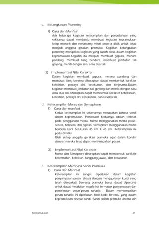 Kepramukaan 21
c. Ketangkasan Pionering
1) Cara dan Manfaat
Ada beberapa kegiatan keterampilan dan pengetahuan yang
sekiranya dapat membantu membuat kegiatan kepramukaan
tetap menarik dan menantang minat peserta didik untuk tetap
menjadi anggota gerakan pramuka. Kegiatan ketangkasan
pionering merupakan kegiatan yang sudah biasa dalam kegiatan
kepramukaan.Kegiatan itu meliputi membuat gapura, menara
pandang, membuat tiang bendera, membuat jembatan tali
goyang, meniti dengan satu atau dua tali.
2) Implementasi Nilai Karakter
Dalam kegiatan membuat gapura, menara pandang dan
membuat tiang bendera diharapkan dapat membentuk karakter
ketelitian, percaya diri, ketekunan, dan kerjasama.Dalam
kegiatan membuat jembatan tali goyang dan meniti dengan satu
atau dua tali diharapkan dapat membentuk karakter keberanian,
ketelitian, percaya diri, ketekunan, dan kesabaran.
d. Keterampilan Morse dan Semaphore
1) Cara dan manfaat
Kedua keterampilan ini sebenarnya merupakan bahasa sandi
dalam kepramukaan. Perbedaan keduanya adalah terletak
pada penggunaan media. Morse menggunakan media peluit,
senter, bendera, dan pijatan. Semaphore menggunakan media
bendera kecil berukuran 45 cm X 45 cm. Keterampilan ini
perlu dimiliki
Oleh setiap anggota gerakan pramuka agar dalam kondisi
darurat mereka tetap dapat menyampaikan pesan.
2) Implementasi Nilai Karakter
Morse dan Semaphore diharapkan dapat membentuk karakter
kecermatan, ketelitian, tanggung jawab, dan kesabaran.
e. Keterampilan Membaca Sandi Pramuka
1) Cara dan Manfaat
Keterampilan ini sangat diperlukan dalam kegiatan
penyampaian pesan rahasia dengan menggunakan kunci yang
telah disepakati. Seorang pramuka harus dapat dipercaya
untuk dapat melakukan segala hal termasuk penyampaian dan
penerimaan pesan-pesan rahasia. Dalam menyampaikan
pesan rahasia ini diperlukan kode-kode tertentu yang dalam
kepramukaan disebut sandi. Sandi dalam pramuka antara lain
Kepramukaan 21
c. Ketangkasan Pionering
1) Cara dan Manfaat
Ada beberapa kegiatan keterampilan dan pengetahuan yang
sekiranya dapat membantu membuat kegiatan kepramukaan
tetap menarik dan menantang minat peserta didik untuk tetap
menjadi anggota gerakan pramuka. Kegiatan ketangkasan
pionering merupakan kegiatan yang sudah biasa dalam kegiatan
kepramukaan.Kegiatan itu meliputi membuat gapura, menara
pandang, membuat tiang bendera, membuat jembatan tali
goyang, meniti dengan satu atau dua tali.
2) Implementasi Nilai Karakter
Dalam kegiatan membuat gapura, menara pandang dan
membuat tiang bendera diharapkan dapat membentuk karakter
ketelitian, percaya diri, ketekunan, dan kerjasama.Dalam
kegiatan membuat jembatan tali goyang dan meniti dengan satu
atau dua tali diharapkan dapat membentuk karakter keberanian,
ketelitian, percaya diri, ketekunan, dan kesabaran.
d. Keterampilan Morse dan Semaphore
1) Cara dan manfaat
Kedua keterampilan ini sebenarnya merupakan bahasa sandi
dalam kepramukaan. Perbedaan keduanya adalah terletak
pada penggunaan media. Morse menggunakan media peluit,
senter, bendera, dan pijatan. Semaphore menggunakan media
bendera kecil berukuran 45 cm X 45 cm. Keterampilan ini
perlu dimiliki
Oleh setiap anggota gerakan pramuka agar dalam kondisi
darurat mereka tetap dapat menyampaikan pesan.
2) Implementasi Nilai Karakter
Morse dan Semaphore diharapkan dapat membentuk karakter
kecermatan, ketelitian, tanggung jawab, dan kesabaran.
e. Keterampilan Membaca Sandi Pramuka
1) Cara dan Manfaat
Keterampilan ini sangat diperlukan dalam kegiatan
penyampaian pesan rahasia dengan menggunakan kunci yang
telah disepakati. Seorang pramuka harus dapat dipercaya
untuk dapat melakukan segala hal termasuk penyampaian dan
penerimaan pesan-pesan rahasia. Dalam menyampaikan
pesan rahasia ini diperlukan kode-kode tertentu yang dalam
kepramukaan disebut sandi. Sandi dalam pramuka antara lain
Kepramukaan 21
c. Ketangkasan Pionering
1) Cara dan Manfaat
Ada beberapa kegiatan keterampilan dan pengetahuan yang
sekiranya dapat membantu membuat kegiatan kepramukaan
tetap menarik dan menantang minat peserta didik untuk tetap
menjadi anggota gerakan pramuka. Kegiatan ketangkasan
pionering merupakan kegiatan yang sudah biasa dalam kegiatan
kepramukaan.Kegiatan itu meliputi membuat gapura, menara
pandang, membuat tiang bendera, membuat jembatan tali
goyang, meniti dengan satu atau dua tali.
2) Implementasi Nilai Karakter
Dalam kegiatan membuat gapura, menara pandang dan
membuat tiang bendera diharapkan dapat membentuk karakter
ketelitian, percaya diri, ketekunan, dan kerjasama.Dalam
kegiatan membuat jembatan tali goyang dan meniti dengan satu
atau dua tali diharapkan dapat membentuk karakter keberanian,
ketelitian, percaya diri, ketekunan, dan kesabaran.
d. Keterampilan Morse dan Semaphore
1) Cara dan manfaat
Kedua keterampilan ini sebenarnya merupakan bahasa sandi
dalam kepramukaan. Perbedaan keduanya adalah terletak
pada penggunaan media. Morse menggunakan media peluit,
senter, bendera, dan pijatan. Semaphore menggunakan media
bendera kecil berukuran 45 cm X 45 cm. Keterampilan ini
perlu dimiliki
Oleh setiap anggota gerakan pramuka agar dalam kondisi
darurat mereka tetap dapat menyampaikan pesan.
2) Implementasi Nilai Karakter
Morse dan Semaphore diharapkan dapat membentuk karakter
kecermatan, ketelitian, tanggung jawab, dan kesabaran.
e. Keterampilan Membaca Sandi Pramuka
1) Cara dan Manfaat
Keterampilan ini sangat diperlukan dalam kegiatan
penyampaian pesan rahasia dengan menggunakan kunci yang
telah disepakati. Seorang pramuka harus dapat dipercaya
untuk dapat melakukan segala hal termasuk penyampaian dan
penerimaan pesan-pesan rahasia. Dalam menyampaikan
pesan rahasia ini diperlukan kode-kode tertentu yang dalam
kepramukaan disebut sandi. Sandi dalam pramuka antara lain
 