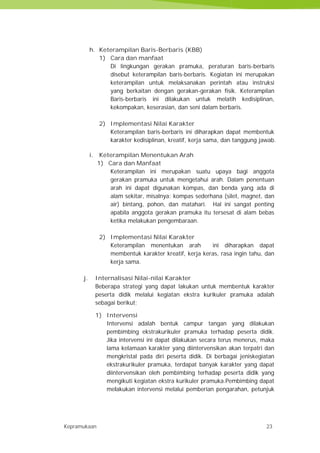 Kepramukaan 23
h. Keterampilan Baris-Berbaris (KBB)
1) Cara dan manfaat
Di lingkungan gerakan pramuka, peraturan baris-berbaris
disebut keterampilan baris-berbaris. Kegiatan ini merupakan
keterampilan untuk melaksanakan perintah atau instruksi
yang berkaitan dengan gerakan-gerakan fisik. Keterampilan
Baris-berbaris ini dilakukan untuk melatih kedisiplinan,
kekompakan, keserasian, dan seni dalam berbaris.
2) Implementasi Nilai Karakter
Keterampilan baris-berbaris ini diharapkan dapat membentuk
karakter kedisiplinan, kreatif, kerja sama, dan tanggung jawab.
i. Keterampilan Menentukan Arah
1) Cara dan Manfaat
Keterampilan ini merupakan suatu upaya bagi anggota
gerakan pramuka untuk mengetahui arah. Dalam penentuan
arah ini dapat digunakan kompas, dan benda yang ada di
alam sekitar, misalnya: kompas sederhana (silet, magnet, dan
air) bintang, pohon, dan matahari. Hal ini sangat penting
apabila anggota gerakan pramuka itu tersesat di alam bebas
ketika melakukan pengembaraan.
2) Implementasi Nilai Karakter
Keterampilan menentukan arah ini diharapkan dapat
membentuk karakter kreatif, kerja keras, rasa ingin tahu, dan
kerja sama.
j. Internalisasi Nilai-nilai Karakter
Beberapa strategi yang dapat lakukan untuk membentuk karakter
peserta didik melalui kegiatan ekstra kurikuler pramuka adalah
sebagai berikut;
1) Intervensi
Intervensi adalah bentuk campur tangan yang dilakukan
pembimbing ekstrakurikuler pramuka terhadap peserta didik.
Jika intervensi ini dapat dilakukan secara terus menerus, maka
lama kelamaan karakter yang diintervensikan akan terpatri dan
mengkristal pada diri peserta didik. Di berbagai jeniskegiatan
ekstrakurikuler pramuka, terdapat banyak karakter yang dapat
diintervensikan oleh pembimbing terhadap peserta didik yang
mengikuti kegiatan ekstra kurikuler pramuka.Pembimbing dapat
melakukan intervensi melalui pemberian pengarahan, petunjuk
Kepramukaan 23
h. Keterampilan Baris-Berbaris (KBB)
1) Cara dan manfaat
Di lingkungan gerakan pramuka, peraturan baris-berbaris
disebut keterampilan baris-berbaris. Kegiatan ini merupakan
keterampilan untuk melaksanakan perintah atau instruksi
yang berkaitan dengan gerakan-gerakan fisik. Keterampilan
Baris-berbaris ini dilakukan untuk melatih kedisiplinan,
kekompakan, keserasian, dan seni dalam berbaris.
2) Implementasi Nilai Karakter
Keterampilan baris-berbaris ini diharapkan dapat membentuk
karakter kedisiplinan, kreatif, kerja sama, dan tanggung jawab.
i. Keterampilan Menentukan Arah
1) Cara dan Manfaat
Keterampilan ini merupakan suatu upaya bagi anggota
gerakan pramuka untuk mengetahui arah. Dalam penentuan
arah ini dapat digunakan kompas, dan benda yang ada di
alam sekitar, misalnya: kompas sederhana (silet, magnet, dan
air) bintang, pohon, dan matahari. Hal ini sangat penting
apabila anggota gerakan pramuka itu tersesat di alam bebas
ketika melakukan pengembaraan.
2) Implementasi Nilai Karakter
Keterampilan menentukan arah ini diharapkan dapat
membentuk karakter kreatif, kerja keras, rasa ingin tahu, dan
kerja sama.
j. Internalisasi Nilai-nilai Karakter
Beberapa strategi yang dapat lakukan untuk membentuk karakter
peserta didik melalui kegiatan ekstra kurikuler pramuka adalah
sebagai berikut;
1) Intervensi
Intervensi adalah bentuk campur tangan yang dilakukan
pembimbing ekstrakurikuler pramuka terhadap peserta didik.
Jika intervensi ini dapat dilakukan secara terus menerus, maka
lama kelamaan karakter yang diintervensikan akan terpatri dan
mengkristal pada diri peserta didik. Di berbagai jeniskegiatan
ekstrakurikuler pramuka, terdapat banyak karakter yang dapat
diintervensikan oleh pembimbing terhadap peserta didik yang
mengikuti kegiatan ekstra kurikuler pramuka.Pembimbing dapat
melakukan intervensi melalui pemberian pengarahan, petunjuk
Kepramukaan 23
h. Keterampilan Baris-Berbaris (KBB)
1) Cara dan manfaat
Di lingkungan gerakan pramuka, peraturan baris-berbaris
disebut keterampilan baris-berbaris. Kegiatan ini merupakan
keterampilan untuk melaksanakan perintah atau instruksi
yang berkaitan dengan gerakan-gerakan fisik. Keterampilan
Baris-berbaris ini dilakukan untuk melatih kedisiplinan,
kekompakan, keserasian, dan seni dalam berbaris.
2) Implementasi Nilai Karakter
Keterampilan baris-berbaris ini diharapkan dapat membentuk
karakter kedisiplinan, kreatif, kerja sama, dan tanggung jawab.
i. Keterampilan Menentukan Arah
1) Cara dan Manfaat
Keterampilan ini merupakan suatu upaya bagi anggota
gerakan pramuka untuk mengetahui arah. Dalam penentuan
arah ini dapat digunakan kompas, dan benda yang ada di
alam sekitar, misalnya: kompas sederhana (silet, magnet, dan
air) bintang, pohon, dan matahari. Hal ini sangat penting
apabila anggota gerakan pramuka itu tersesat di alam bebas
ketika melakukan pengembaraan.
2) Implementasi Nilai Karakter
Keterampilan menentukan arah ini diharapkan dapat
membentuk karakter kreatif, kerja keras, rasa ingin tahu, dan
kerja sama.
j. Internalisasi Nilai-nilai Karakter
Beberapa strategi yang dapat lakukan untuk membentuk karakter
peserta didik melalui kegiatan ekstra kurikuler pramuka adalah
sebagai berikut;
1) Intervensi
Intervensi adalah bentuk campur tangan yang dilakukan
pembimbing ekstrakurikuler pramuka terhadap peserta didik.
Jika intervensi ini dapat dilakukan secara terus menerus, maka
lama kelamaan karakter yang diintervensikan akan terpatri dan
mengkristal pada diri peserta didik. Di berbagai jeniskegiatan
ekstrakurikuler pramuka, terdapat banyak karakter yang dapat
diintervensikan oleh pembimbing terhadap peserta didik yang
mengikuti kegiatan ekstra kurikuler pramuka.Pembimbing dapat
melakukan intervensi melalui pemberian pengarahan, petunjuk
 