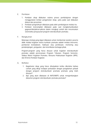 Kepramukaan 33
E. Penilaian
1. Penilaian sikap dilakukan selama proses pembelajaran dengan
menggunakan lembar pengamatan sikap, yaitu pada saat dilakukan
diskusi dan presentasi.
2. Penilaian pengetahuan dilakukan pada akhir pembelajaran melalui tes.
3. Penilaian keterampilan dilakukan pada saat mengkomunikasikan
gagasan/ide/pikiran-pikiran dalam mengkaji contoh dan merumuskan
sistematika penyusunan program ekstrakurikuler pramuka.
F. Rangkuman
Beberapa strategi yang dapat dilakukan untuk membentuk karakter peserta
didik melalui kegiatan ekstra kurikuler pramuka adalah melalui intervensi,
pemberian keteladanan, habituasi atau pembisaan, mentoring atau
pendampingan, penguatan, dan keterlibatan berbagai pihak.
Program-program yang harus disusun untuk kegiatan ekstrakurikuler
pramuka adalah perencanaan Program Tahunan, Program Semester,
Silabus Materi Kegiatan Pramuka, Rencana Pelaksanaan Kegiatan (RPK),
dan Kriteria Penilaian Kegiatan.
G. Refleksi
1. Bagaimana sikap yang harus ditunjukkan ketika diketahui bahwa
contoh yang dikaji terdapat perbedaan dengan pengalaman pribadi
dengan program ekstrakurikuler pramuka pramuka yang telah
disusun?
2. Apa yang akan dilakukan di KKPS/MKPS untuk mengembangkan
dokumen program ekstrakurikuler pramuka pramuka?
Kepramukaan 33
E. Penilaian
1. Penilaian sikap dilakukan selama proses pembelajaran dengan
menggunakan lembar pengamatan sikap, yaitu pada saat dilakukan
diskusi dan presentasi.
2. Penilaian pengetahuan dilakukan pada akhir pembelajaran melalui tes.
3. Penilaian keterampilan dilakukan pada saat mengkomunikasikan
gagasan/ide/pikiran-pikiran dalam mengkaji contoh dan merumuskan
sistematika penyusunan program ekstrakurikuler pramuka.
F. Rangkuman
Beberapa strategi yang dapat dilakukan untuk membentuk karakter peserta
didik melalui kegiatan ekstra kurikuler pramuka adalah melalui intervensi,
pemberian keteladanan, habituasi atau pembisaan, mentoring atau
pendampingan, penguatan, dan keterlibatan berbagai pihak.
Program-program yang harus disusun untuk kegiatan ekstrakurikuler
pramuka adalah perencanaan Program Tahunan, Program Semester,
Silabus Materi Kegiatan Pramuka, Rencana Pelaksanaan Kegiatan (RPK),
dan Kriteria Penilaian Kegiatan.
G. Refleksi
1. Bagaimana sikap yang harus ditunjukkan ketika diketahui bahwa
contoh yang dikaji terdapat perbedaan dengan pengalaman pribadi
dengan program ekstrakurikuler pramuka pramuka yang telah
disusun?
2. Apa yang akan dilakukan di KKPS/MKPS untuk mengembangkan
dokumen program ekstrakurikuler pramuka pramuka?
Kepramukaan 33
E. Penilaian
1. Penilaian sikap dilakukan selama proses pembelajaran dengan
menggunakan lembar pengamatan sikap, yaitu pada saat dilakukan
diskusi dan presentasi.
2. Penilaian pengetahuan dilakukan pada akhir pembelajaran melalui tes.
3. Penilaian keterampilan dilakukan pada saat mengkomunikasikan
gagasan/ide/pikiran-pikiran dalam mengkaji contoh dan merumuskan
sistematika penyusunan program ekstrakurikuler pramuka.
F. Rangkuman
Beberapa strategi yang dapat dilakukan untuk membentuk karakter peserta
didik melalui kegiatan ekstra kurikuler pramuka adalah melalui intervensi,
pemberian keteladanan, habituasi atau pembisaan, mentoring atau
pendampingan, penguatan, dan keterlibatan berbagai pihak.
Program-program yang harus disusun untuk kegiatan ekstrakurikuler
pramuka adalah perencanaan Program Tahunan, Program Semester,
Silabus Materi Kegiatan Pramuka, Rencana Pelaksanaan Kegiatan (RPK),
dan Kriteria Penilaian Kegiatan.
G. Refleksi
1. Bagaimana sikap yang harus ditunjukkan ketika diketahui bahwa
contoh yang dikaji terdapat perbedaan dengan pengalaman pribadi
dengan program ekstrakurikuler pramuka pramuka yang telah
disusun?
2. Apa yang akan dilakukan di KKPS/MKPS untuk mengembangkan
dokumen program ekstrakurikuler pramuka pramuka?
 