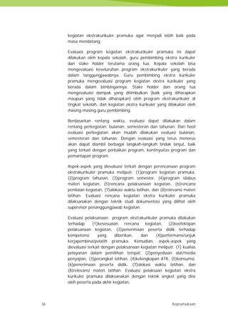 36 Kepramukaan
kegiatan ekstrakurikuler pramuka agar menjadi lebih baik pada
masa mendatang.
Evaluasi program kegiatan ekstrakurikuler pramuka ini dapat
dilakukan oleh kepala sekolah, guru pembimbing ekstra kurikuler
dan stake holder terutama orang tua. Kepala sekolah bisa
mengevaluasi keseluruhan program ekstrakurikuler yang berada
dalam tanggungjawabnya. Guru pembimbing ekstra kurikuler
pramuka mengevaluasi program kegiatan ekstra kurikuler yang
berada dalam bimbingannya. Stake holder dan orang tua
mengevaluasi dampak yang ditimbulkan (baik yang diharapkan
maupun yang tidak diharapkan) oleh program ekstrakurikuler di
tingkat sekolah, dan kegiatan ekstra kurikuler yang dilakukan oleh
masing-masing guru pembimbing.
Berdasarkan rentang waktu, evaluasi dapat dilakukan dalam
rentang perkegiatan, bulanan, semesteran dan tahunan. Dari hasil
evaluasi perkegiatan akan mudah dilakukan evaluasi bulanan,
semesteran dan tahunan. Dengan evaluasi yang terus menerus
akan dapat diambil berbagai langkah-langkah tindak lanjut, baik
yang terkait dengan perbaikan program, kontinyuitas program dan
pemantapan program.
Aspek-aspek yang dievaluasi terkait dengan perencanaan program
ekstrakurikuler pramuka meliputi: (1)program kegiatan pramuka,
(2)program tahunan, (3)program semester, (4)program silabus
materi kegiatan, (5)rencana pelaksanaan kegiatan, (6)rencana
penilaian kegiatan, (7)alokasi waktu latihan, dan (8)relevansi materi
latihan. Evaluasi rencana kegiatan ekstra kurikuler pramuka
dilaksanakan dengan teknik studi dokumentasi yang dilihat oleh
supervisor penanggungjawab kegiatan.
Evaluasi pelaksanaan program ekstrakurikuler pramuka dilakukan
terhadap: (1)kesesuaian rencana kegiatan, (2)keefektipan
pelaksanaan kegiatan, (3)penerimaan peserta didik terhadap
kompetensi yang diberikan, dan (4)performansi/unjuk
kerjapembina/pelatih pramuka. Kemudian, aspek-aspek yang
dievaluasi terkait dengan pelaksanaan kegiatan meliputi: (1) kualias
pelayanan dalam pemilihan tempat, (2)penyediaan alat/media
penyajian, (3)perangkat latihan, (4)kelengkapan ATK, (5)konsumsi,
(6)penerimaan peserta didik, (7)alokasi waktu latihan, dan
(8)relevansi materi latihan. Evaluasi pelaksaan kegiatan ekstra
kurikuler pramuka dilaksanakan dengan teknik angket yang diisi
oleh peserta pada akhir kegiatan.
36 Kepramukaan
kegiatan ekstrakurikuler pramuka agar menjadi lebih baik pada
masa mendatang.
Evaluasi program kegiatan ekstrakurikuler pramuka ini dapat
dilakukan oleh kepala sekolah, guru pembimbing ekstra kurikuler
dan stake holder terutama orang tua. Kepala sekolah bisa
mengevaluasi keseluruhan program ekstrakurikuler yang berada
dalam tanggungjawabnya. Guru pembimbing ekstra kurikuler
pramuka mengevaluasi program kegiatan ekstra kurikuler yang
berada dalam bimbingannya. Stake holder dan orang tua
mengevaluasi dampak yang ditimbulkan (baik yang diharapkan
maupun yang tidak diharapkan) oleh program ekstrakurikuler di
tingkat sekolah, dan kegiatan ekstra kurikuler yang dilakukan oleh
masing-masing guru pembimbing.
Berdasarkan rentang waktu, evaluasi dapat dilakukan dalam
rentang perkegiatan, bulanan, semesteran dan tahunan. Dari hasil
evaluasi perkegiatan akan mudah dilakukan evaluasi bulanan,
semesteran dan tahunan. Dengan evaluasi yang terus menerus
akan dapat diambil berbagai langkah-langkah tindak lanjut, baik
yang terkait dengan perbaikan program, kontinyuitas program dan
pemantapan program.
Aspek-aspek yang dievaluasi terkait dengan perencanaan program
ekstrakurikuler pramuka meliputi: (1)program kegiatan pramuka,
(2)program tahunan, (3)program semester, (4)program silabus
materi kegiatan, (5)rencana pelaksanaan kegiatan, (6)rencana
penilaian kegiatan, (7)alokasi waktu latihan, dan (8)relevansi materi
latihan. Evaluasi rencana kegiatan ekstra kurikuler pramuka
dilaksanakan dengan teknik studi dokumentasi yang dilihat oleh
supervisor penanggungjawab kegiatan.
Evaluasi pelaksanaan program ekstrakurikuler pramuka dilakukan
terhadap: (1)kesesuaian rencana kegiatan, (2)keefektipan
pelaksanaan kegiatan, (3)penerimaan peserta didik terhadap
kompetensi yang diberikan, dan (4)performansi/unjuk
kerjapembina/pelatih pramuka. Kemudian, aspek-aspek yang
dievaluasi terkait dengan pelaksanaan kegiatan meliputi: (1) kualias
pelayanan dalam pemilihan tempat, (2)penyediaan alat/media
penyajian, (3)perangkat latihan, (4)kelengkapan ATK, (5)konsumsi,
(6)penerimaan peserta didik, (7)alokasi waktu latihan, dan
(8)relevansi materi latihan. Evaluasi pelaksaan kegiatan ekstra
kurikuler pramuka dilaksanakan dengan teknik angket yang diisi
oleh peserta pada akhir kegiatan.
36 Kepramukaan
kegiatan ekstrakurikuler pramuka agar menjadi lebih baik pada
masa mendatang.
Evaluasi program kegiatan ekstrakurikuler pramuka ini dapat
dilakukan oleh kepala sekolah, guru pembimbing ekstra kurikuler
dan stake holder terutama orang tua. Kepala sekolah bisa
mengevaluasi keseluruhan program ekstrakurikuler yang berada
dalam tanggungjawabnya. Guru pembimbing ekstra kurikuler
pramuka mengevaluasi program kegiatan ekstra kurikuler yang
berada dalam bimbingannya. Stake holder dan orang tua
mengevaluasi dampak yang ditimbulkan (baik yang diharapkan
maupun yang tidak diharapkan) oleh program ekstrakurikuler di
tingkat sekolah, dan kegiatan ekstra kurikuler yang dilakukan oleh
masing-masing guru pembimbing.
Berdasarkan rentang waktu, evaluasi dapat dilakukan dalam
rentang perkegiatan, bulanan, semesteran dan tahunan. Dari hasil
evaluasi perkegiatan akan mudah dilakukan evaluasi bulanan,
semesteran dan tahunan. Dengan evaluasi yang terus menerus
akan dapat diambil berbagai langkah-langkah tindak lanjut, baik
yang terkait dengan perbaikan program, kontinyuitas program dan
pemantapan program.
Aspek-aspek yang dievaluasi terkait dengan perencanaan program
ekstrakurikuler pramuka meliputi: (1)program kegiatan pramuka,
(2)program tahunan, (3)program semester, (4)program silabus
materi kegiatan, (5)rencana pelaksanaan kegiatan, (6)rencana
penilaian kegiatan, (7)alokasi waktu latihan, dan (8)relevansi materi
latihan. Evaluasi rencana kegiatan ekstra kurikuler pramuka
dilaksanakan dengan teknik studi dokumentasi yang dilihat oleh
supervisor penanggungjawab kegiatan.
Evaluasi pelaksanaan program ekstrakurikuler pramuka dilakukan
terhadap: (1)kesesuaian rencana kegiatan, (2)keefektipan
pelaksanaan kegiatan, (3)penerimaan peserta didik terhadap
kompetensi yang diberikan, dan (4)performansi/unjuk
kerjapembina/pelatih pramuka. Kemudian, aspek-aspek yang
dievaluasi terkait dengan pelaksanaan kegiatan meliputi: (1) kualias
pelayanan dalam pemilihan tempat, (2)penyediaan alat/media
penyajian, (3)perangkat latihan, (4)kelengkapan ATK, (5)konsumsi,
(6)penerimaan peserta didik, (7)alokasi waktu latihan, dan
(8)relevansi materi latihan. Evaluasi pelaksaan kegiatan ekstra
kurikuler pramuka dilaksanakan dengan teknik angket yang diisi
oleh peserta pada akhir kegiatan.
 
