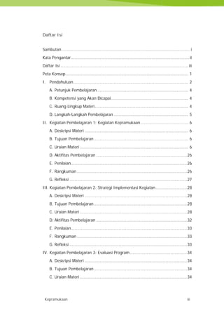 Kepramukaan iii
Daftar Isi
Sambutan ..................................................................................................... i
Kata Pengantar..............................................................................................ii
Daftar Isi .....................................................................................................iii
Peta Konsep................................................................................................. 1
I. Pendahuluan........................................................................................... 2
A. Petunjuk Pembelajaran ........................................................................ 4
B. Kompetensi yang Akan Dicapai............................................................. 4
C. Ruang Lingkup Materi.......................................................................... 4
D. Langkah-Langkah Pembelajaran ........................................................... 5
II. Kegiatan Pembelajaran 1: Kegiatan Kepramukaan...................................... 6
A. Deskripsi Materi .................................................................................. 6
B. Tujuan Pembelajaran........................................................................... 6
C. Uraian Materi ...................................................................................... 6
D. Aktifitas Pembelajaran ........................................................................26
E. Penilaian............................................................................................26
F. Rangkuman .......................................................................................26
G. Refleksi .............................................................................................27
III. Kegiatan Pembelajaran 2: Strategi Implementasi Kegiatan.........................28
A. Deskripsi Materi .................................................................................28
B. Tujuan Pembelajaran..........................................................................28
C. Uraian Materi .....................................................................................28
D. Aktifitas Pembelajaran ........................................................................32
E. Penilaian............................................................................................33
F. Rangkuman .......................................................................................33
G. Refleksi .............................................................................................33
IV. Kegiatan Pembelajaran 3: Evaluasi Program .............................................34
A. Deskripsi Materi .................................................................................34
B. Tujuan Pembelajaran..........................................................................34
C. Uraian Materi .....................................................................................34
Kepramukaan iii
Daftar Isi
Sambutan ..................................................................................................... i
Kata Pengantar..............................................................................................ii
Daftar Isi .....................................................................................................iii
Peta Konsep................................................................................................. 1
I. Pendahuluan........................................................................................... 2
A. Petunjuk Pembelajaran ........................................................................ 4
B. Kompetensi yang Akan Dicapai............................................................. 4
C. Ruang Lingkup Materi.......................................................................... 4
D. Langkah-Langkah Pembelajaran ........................................................... 5
II. Kegiatan Pembelajaran 1: Kegiatan Kepramukaan...................................... 6
A. Deskripsi Materi .................................................................................. 6
B. Tujuan Pembelajaran........................................................................... 6
C. Uraian Materi ...................................................................................... 6
D. Aktifitas Pembelajaran ........................................................................26
E. Penilaian............................................................................................26
F. Rangkuman .......................................................................................26
G. Refleksi .............................................................................................27
III. Kegiatan Pembelajaran 2: Strategi Implementasi Kegiatan.........................28
A. Deskripsi Materi .................................................................................28
B. Tujuan Pembelajaran..........................................................................28
C. Uraian Materi .....................................................................................28
D. Aktifitas Pembelajaran ........................................................................32
E. Penilaian............................................................................................33
F. Rangkuman .......................................................................................33
G. Refleksi .............................................................................................33
IV. Kegiatan Pembelajaran 3: Evaluasi Program .............................................34
A. Deskripsi Materi .................................................................................34
B. Tujuan Pembelajaran..........................................................................34
C. Uraian Materi .....................................................................................34
Kepramukaan iii
Daftar Isi
Sambutan ..................................................................................................... i
Kata Pengantar..............................................................................................ii
Daftar Isi .....................................................................................................iii
Peta Konsep................................................................................................. 1
I. Pendahuluan........................................................................................... 2
A. Petunjuk Pembelajaran ........................................................................ 4
B. Kompetensi yang Akan Dicapai............................................................. 4
C. Ruang Lingkup Materi.......................................................................... 4
D. Langkah-Langkah Pembelajaran ........................................................... 5
II. Kegiatan Pembelajaran 1: Kegiatan Kepramukaan...................................... 6
A. Deskripsi Materi .................................................................................. 6
B. Tujuan Pembelajaran........................................................................... 6
C. Uraian Materi ...................................................................................... 6
D. Aktifitas Pembelajaran ........................................................................26
E. Penilaian............................................................................................26
F. Rangkuman .......................................................................................26
G. Refleksi .............................................................................................27
III. Kegiatan Pembelajaran 2: Strategi Implementasi Kegiatan.........................28
A. Deskripsi Materi .................................................................................28
B. Tujuan Pembelajaran..........................................................................28
C. Uraian Materi .....................................................................................28
D. Aktifitas Pembelajaran ........................................................................32
E. Penilaian............................................................................................33
F. Rangkuman .......................................................................................33
G. Refleksi .............................................................................................33
IV. Kegiatan Pembelajaran 3: Evaluasi Program .............................................34
A. Deskripsi Materi .................................................................................34
B. Tujuan Pembelajaran..........................................................................34
C. Uraian Materi .....................................................................................34
 