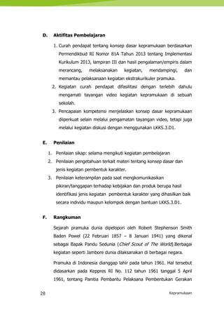 28 Kepramukaan
D. Aktifitas Pembelajaran
1. Curah pendapat tentang konsep dasar kepramukaan berdasarkan
Permendikbud RI Nomor 81A Tahun 2013 tentang Implementasi
Kurikulum 2013, lampiran III dan hasil pengalaman/empiris dalam
merancang, melaksanakan kegiatan, mendampingi, dan
memantau pelaksanaan kegiatan ekstrakurikuler pramuka.
2. Kegiatan curah pendapat difasilitasi dengan terlebih dahulu
mengamati tayangan video kegiatan kepramukaan di sebuah
sekolah.
3. Pencapaian kompetensi menjelaskan konsep dasar kepramukaan
diiperkuat selain melalui pengamatan tayangan video, tetapi juga
melalui kegiatan diskusi dengan menggunakan LKKS.3.D1.
E. Penilaian
1. Penilaian sikap: selama mengikuti kegiatan pembelajaran
2. Penilaian pengetahuan terkait materi tentang konsep dasar dan
jenis kegiatan pembentuk karakter.
3. Penilaian keterampilan pada saat mengkomunikasikan
pikiran/tanggapan terhadap kebijakan dan produk berupa hasil
identifikasi jenis kegiatan pembentuk karakter yang dihasilkan baik
secara individu maupun kelompok dengan bantuan LKKS.3.D1.
F. Rangkuman
Sejarah pramuka dunia dipelopori oleh Robert Stephenson Smith
Baden Powel (22 Februari 1857 – 8 Januari 1941) yang dikenal
sebagai Bapak Pandu Sedunia (Chief Scout of The World).Berbagai
kegiatan seperti Jambore dunia dilaksanakan di berbagai negara.
Pramuka di Indonesia dianggap lahir pada tahun 1961. Hal tersebut
didasarkan pada Keppres RI No. 112 tahun 1961 tanggal 5 April
1961, tentang Panitia Pembantu Pelaksana Pembentukan Gerakan
 