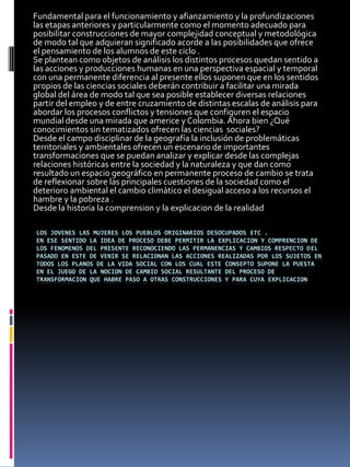 Fundamental para el funcionamiento y afianzamiento y la profundizaciones
las etapas anteriores y particularmente como el momento adecuado para
posibilitar construcciones de mayor complejidad conceptual y metodológica
de modo tal que adquieran significado acorde a las posibilidades que ofrece
el pensamiento de los alumnos de este ciclo .
Se plantean como objetos de análisis los distintos procesos quedan sentido a
las acciones y producciones humanas en una perspectiva espacial y temporal
con una permanente diferencia al presente ellos suponen que en los sentidos
propios de las ciencias sociales deberán contribuir a facilitar una mirada
global del área de modo tal que sea posible establecer diversas relaciones
partir del empleo y de entre cruzamiento de distintas escalas de análisis para
abordar los procesos conflictos y tensiones que configuren el espacio
mundial desde una mirada que americe y Colombia. Ahora bien ¿Qué
conocimientos sin tematizados ofrecen las ciencias sociales?
Desde el campo disciplinar de la geografía la inclusión de problemáticas
territoriales y ambientales ofrecen un escenario de importantes
transformaciones que se puedan analizar y explicar desde las complejas
relaciones históricas entre la sociedad y la naturaleza y que dan como
resultado un espacio geográfico en permanente proceso de cambio se trata
de reflexionar sobre las principales cuestiones de la sociedad como el
deterioro ambiental el cambio climático el desigual acceso a los recursos el
hambre y la pobreza .
Desde la historia la comprension y la explicacion de la realidad

LOS JOVENES LAS MUJERES LOS PUEBLOS ORIGINARIOS DESOCUPADOS ETC .
EN ESE SENTIDO LA IDEA DE PROCESO DEBE PERMITIR LA EXPLICACION Y COMPRENCION DE
LOS FENOMENOS DEL PRESENTE RECONOCIENDO LAS PERMANENCIAS Y CAMBIOS RESPECTO DEL
PASADO EN ESTE DE VENIR SE RELACIONAN LAS ACCIONES REALIZADAS POR LOS SUJETOS EN
TODOS LOS PLANOS DE LA VIDA SOCIAL CON LOS CUAL ESTE CONSEPTO SUPONE LA PUESTA
EN EL JUEGO DE LA NOCION DE CAMBIO SOCIAL RESULTANTE DEL PROCESO DE
TRANSFORMACION QUE HABRE PASO A OTRAS CONSTRUCCIONES Y PARA CUYA EXPLICACION
 