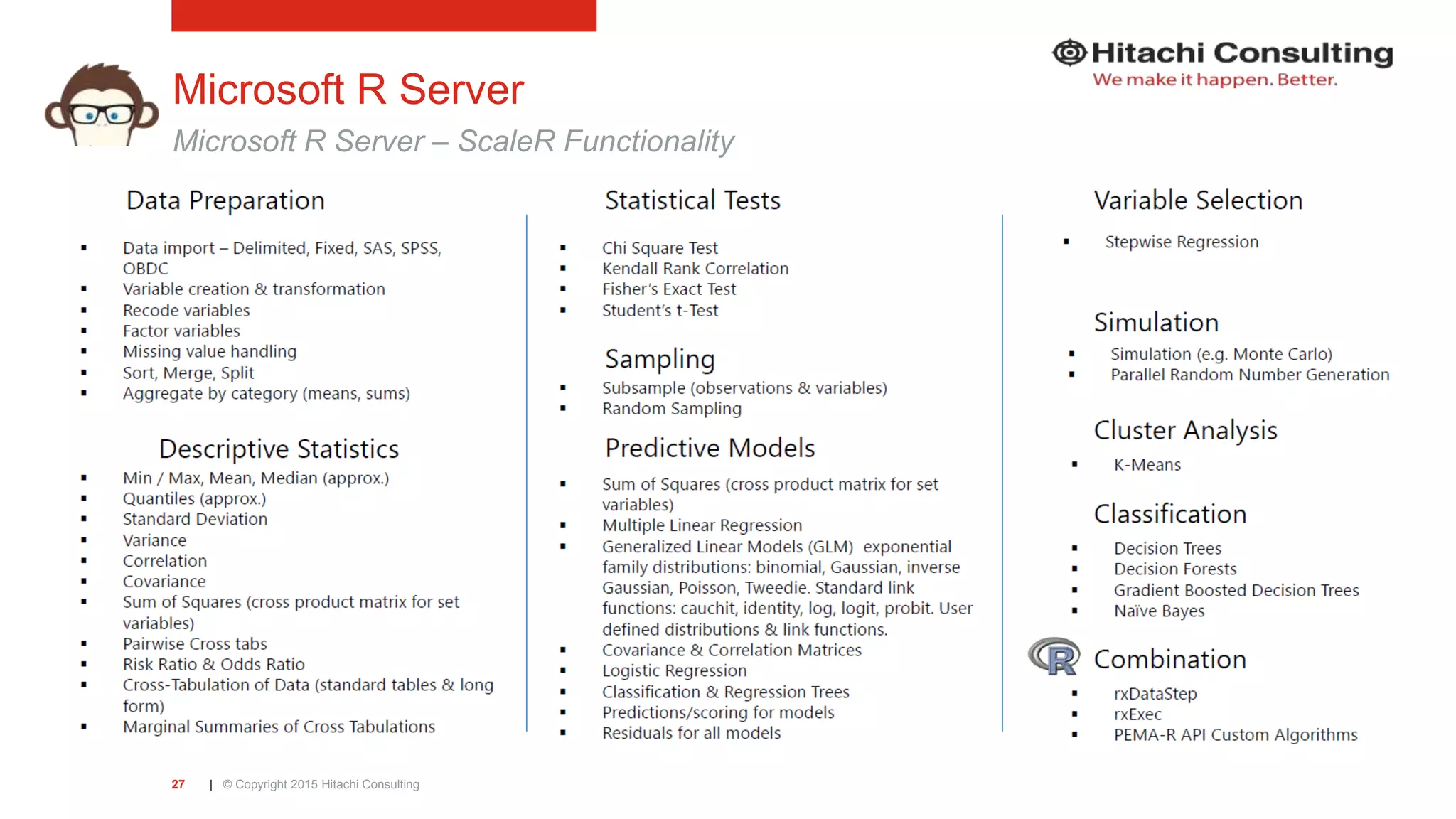 | © Copyright 2015 Hitachi Consulting27 Microsoft R Server Microsoft R Server – ScaleR Functionality 