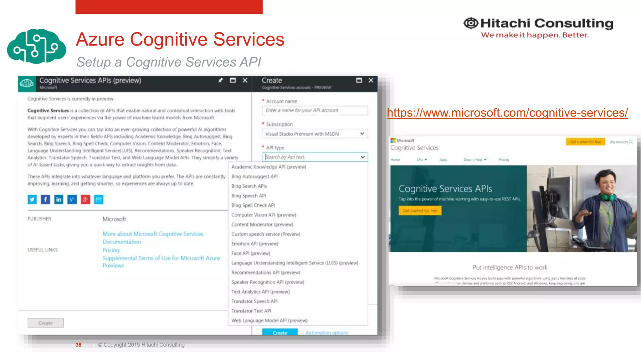 | © Copyright 2015 Hitachi Consulting38 Azure Cognitive Services Setup a Cognitive Services API https://www.microsoft.com/cognitive-services/ 