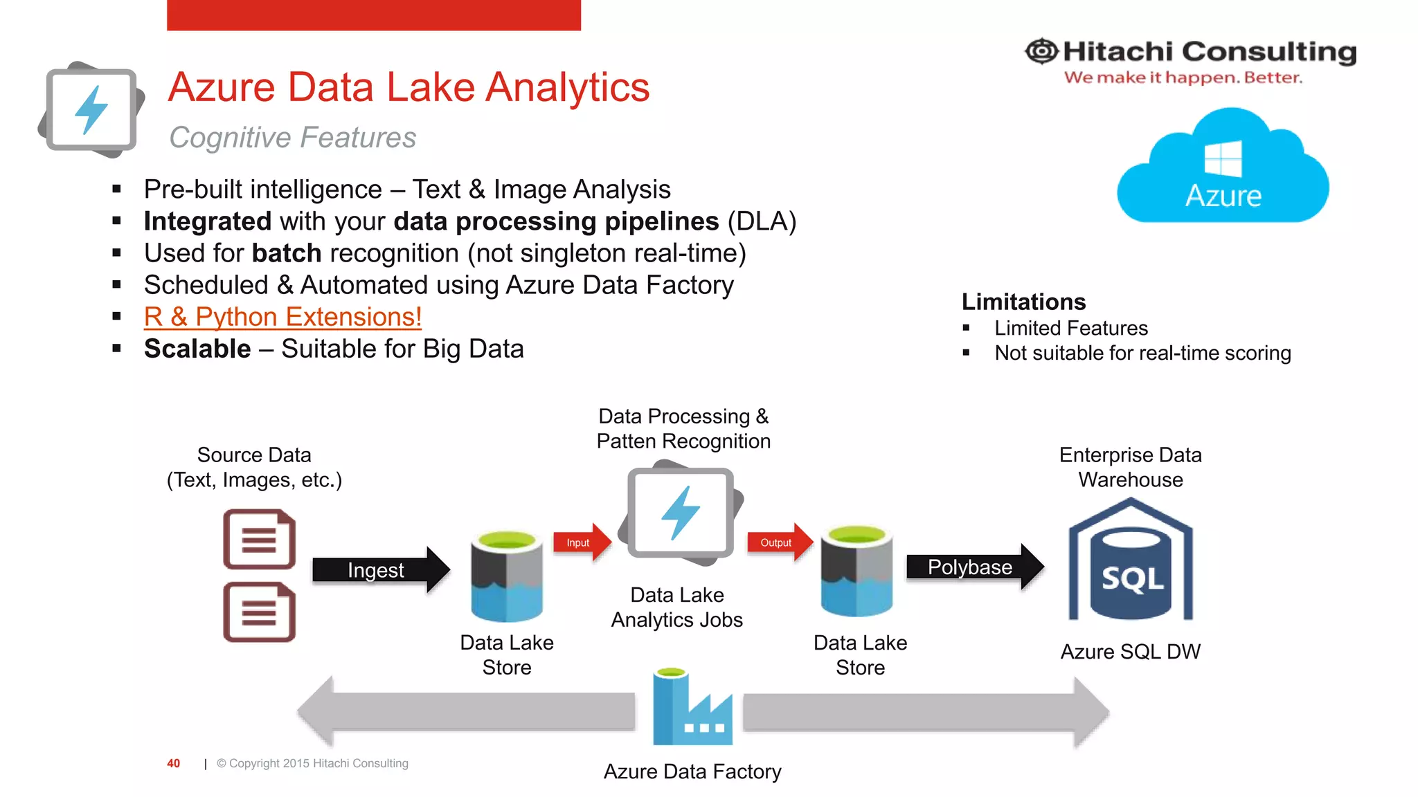 | © Copyright 2015 Hitachi Consulting40 Azure Data Lake Analytics Cognitive Features  Pre-built intelligence – Text & Image Analysis  Integrated with your data processing pipelines (DLA)  Used for batch recognition (not singleton real-time)  Scheduled & Automated using Azure Data Factory  R & Python Extensions!  Scalable – Suitable for Big Data Ingest Polybase Input Output Data Processing & Patten Recognition Source Data (Text, Images, etc.) Enterprise Data Warehouse Azure SQL DW Data Lake Analytics Jobs Data Lake Store Azure Data Factory Data Lake Store Limitations  Limited Features  Not suitable for real-time scoring 