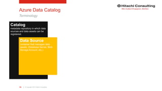 | © Copyright 2015 Hitachi Consulting106
Azure Data Catalog
Terminology
Catalog
metadata repository in which data
sources and data assets can be
registered.
Data Source
container that manages data
assets. (Database Server, Blob
Storage Account, etc.)
 