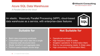 | © Copyright 2015 Hitachi Consulting33
Azure SQL Data Warehouse
A Parallel DW on the cloud
An elastic, Massively Parallel Processing (MPP), cloud-based
data warehouse as a service, with enterprise-class features
Suitable for
 Batch data processing workloads
 Consolidate high-value data into a single
enterprise-wide structured store
 Model, transform and aggregate data
 Perform query analysis across large
Not Suitable for
 Operational workloads
 High frequency reads & writes
 Singleton operations  (Information Mart)
 Row by row processing needs  (Data Lake)
 High concurrency  (Information Mart)
 