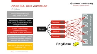 | © Copyright 2015 Hitachi Consulting46
Azure SQL Data Warehouse
PolyBase
Control
Compute
Compute
Compute
Compute
PolyBase
Allow brining data in/out Azure
SQL DW/SQL from/to Azure Blob
Storage/Data Lake
Create External table
(Schema-on-Read)
– Identify file location and format
Parallel Data Movement – Direct
connectivity between compute
and data files (back door)
Best way to get data in and out of
Azure SQL DW
Hadoop-base technology
(very similar to Hive)
 