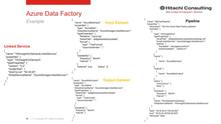 | © Copyright 2015 Hitachi Consulting60
Azure Data Factory
Example {
"name": "AzureBlobInput",
"properties": {
"type": "AzureBlob",
"linkedServiceName": "AzureStorageLinkedService1",
"typeProperties": {
"fileName": "input.log",
"folderPath": "adfgetstarted/inputdata",
"format": {
"type": "TextFormat",
"columnDelimiter": ","
}
},
"availability": {
"frequency": "Month",
"interval": 1
},
"external": true, "policy": {}
}
}
{
"name": "AzureBlobOutput",
"properties": {
"type": "AzureBlob",
"linkedServiceName": "AzureStorageLinkedService1",
"typeProperties": {
"folderPath": "adfgetstarted/partitioneddata",
"format": {
"type": "TextFormat",
"columnDelimiter": ","
}
},
"availability": {
"frequency": "Month",
"interval": 1
}
}
}
{
"name": "MyFirstPipeline",
"properties": {
"description": "My first Azure Data Factory pipeline",
"activities": [
{
"type": "HDInsightHive",
"typeProperties": {
"scriptPath": "adfgetstarted/script/partitionweblogs.hql",
"scriptLinkedService": "AzureStorageLinkedService1",
"defines": {
"inputtable": <storageaccounturl>",
"partitionedtable": ,<folderurl>"
}
},
"inputs": [
{
"name": "AzureBlobInput"
}
],
"outputs": [
{
"name": "AzureBlobOutput"
}
],
"policy": {
"concurrency": 1,
"retry": 3
},
"scheduler": {
"frequency": "Month",
"interval": 1
},
"name": "RunSampleHiveActivity",
"linkedServiceName": "HDInsightOnDemandLinkedService"
}
],
"start": "2016-04-01T00:00:00Z",
"end": "2016-04-02T00:00:00Z",
"isPaused": false
}
}
{
"name": "HDInsightOnDemandLinkedService",
"properties": {
"type": "HDInsightOnDemand",
"typeProperties": {
"version": "3.2",
"clusterSize": 1,
"timeToLive": "00:30:00",
"linkedServiceName": "AzureStorageLinkedService1"
}
}
}
Input Dataset
Linked Service
Output Dataset
Pipeline
 