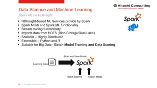 | © Copyright 2015 Hitachi Consulting90
Data Science and Machine Learning
Spark ML on HDInsight
 HDInsight-based ML Services provide by Spark
 Spark MLlib and Spark ML functionality
 Stream mining functionality
 Imports data from HDFS (Blob Storage/Data Lake)
 Scalable – Highly Distributed
 Extensible – Python and R
 Suitable for Big Data - Batch Model Training and Data Scoring
Batch Scoring
Build and Save Model
Learning Data
Retrain Model
 