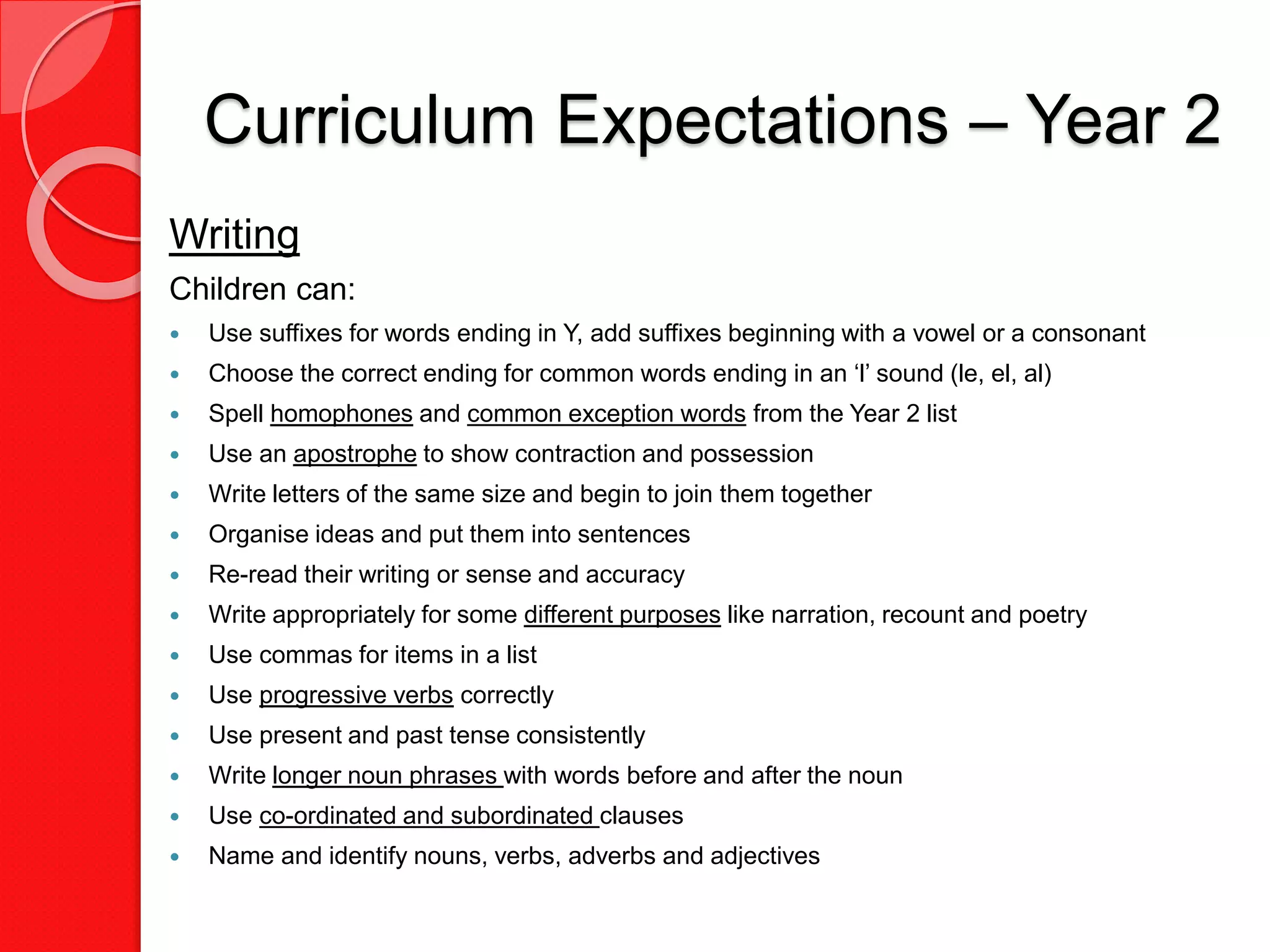 Curriculum Expectations – Year 2
Writing
Children can:
 Use suffixes for words ending in Y, add suffixes beginning with a vowel or a consonant
 Choose the correct ending for common words ending in an ‘l’ sound (le, el, al)
 Spell homophones and common exception words from the Year 2 list
 Use an apostrophe to show contraction and possession
 Write letters of the same size and begin to join them together
 Organise ideas and put them into sentences
 Re-read their writing or sense and accuracy
 Write appropriately for some different purposes like narration, recount and poetry
 Use commas for items in a list
 Use progressive verbs correctly
 Use present and past tense consistently
 Write longer noun phrases with words before and after the noun
 Use co-ordinated and subordinated clauses
 Name and identify nouns, verbs, adverbs and adjectives
 