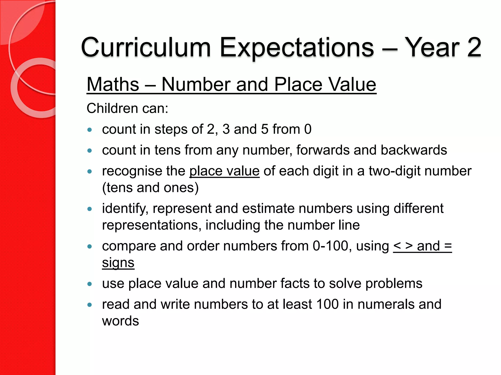 Curriculum Expectations – Year 2
Maths – Number and Place Value
Children can:
 count in steps of 2, 3 and 5 from 0
 count in tens from any number, forwards and backwards
 recognise the place value of each digit in a two-digit number
(tens and ones)
 identify, represent and estimate numbers using different
representations, including the number line
 compare and order numbers from 0-100, using < > and =
signs
 use place value and number facts to solve problems
 read and write numbers to at least 100 in numerals and
words
 