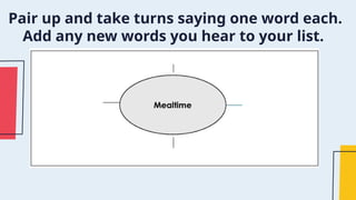 Pair up and take turns saying one word each.
Add any new words you hear to your list.
 