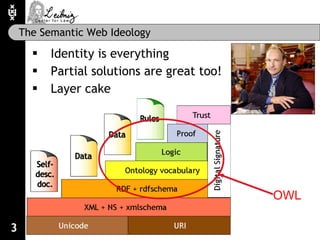 The Semantic Web Ideology <ul><li>Identity is everything </li></ul><ul><li>Partial solutions are great too! </li></ul><ul>...
