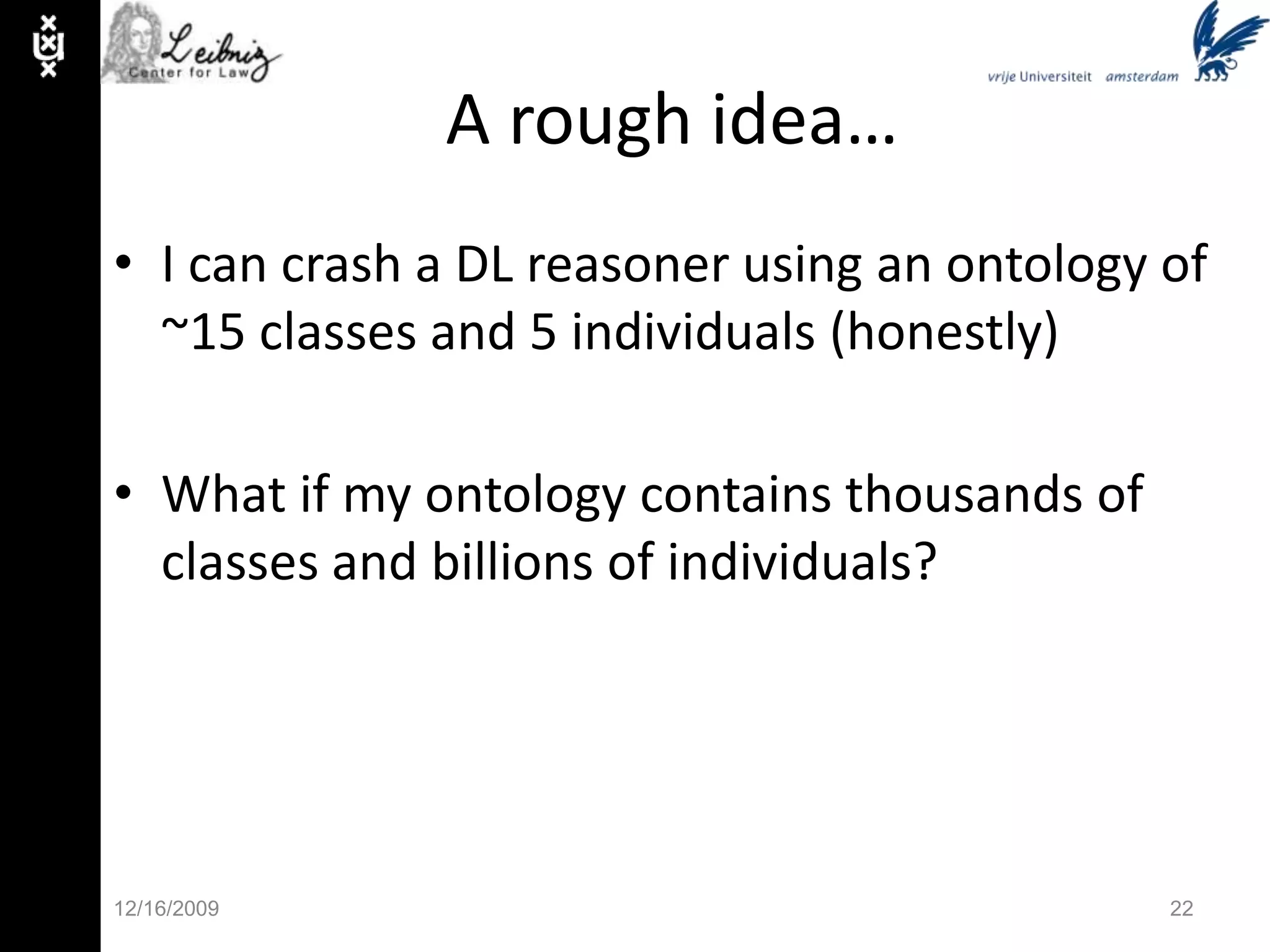 Languages: FS11/30/098Namespace(=<http://www.uva.nl/people#>)Namespace(owl=<http://www.w3.org/2002/07/owl#>)Namespace(uva=<http://www.uva.nl/rdf#>)Namespace(courses=<http://www.uva.nl/courses#>)Declaration(Class(uva:Course))Declaration(Class(uva:StaffMember))Declaration(Class(uva:AssociateProfessor))SubClassOf(uva:AssociateProfessoruva:StaffMember)Declaration(DataProperty(uva:name))Declaration(ObjectProperty(uva:teaches))ObjectPropertyDomain(uva:teachesuva:AssociateProfessor)ObjectPropertyRange(uva2:teaches uva:Course)Declaration(Individual(courses:ks2009))Declaration(Individual(radboud))ObjectPropertyAssertion(uva:teachesradboud courses:ks2009)DataPropertyAssertion(uva:nameradboud "RadboudWinkels")