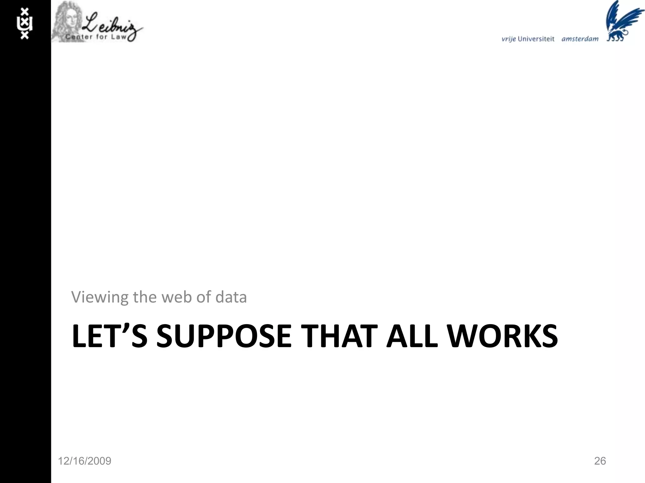 Integration: RDFa ExampleIn XHTML:<?xml version="1.0" encoding="UTF-8"?><!DOCTYPE html PUBLIC "-//W3C//DTD XHTML+RDFa 1.0//EN"          "http://www.w3.org/MarkUp/DTD/xhtml-rdfa-1.dtd"><html xmlns:cal="http://www.w3.org/2002/12/cal/ical#">    <head><title>Jo's Friends and Family Blog</title></head>    <body>    <p instanceof="cal:Vevent">        I'm holding        <span property="cal:summary">one last summer Barbecue</span>,        on        <span property="cal:dtstart" content="20070916T1600-0500">            September 16th at 4pm.        </span>    </p>    </body></html>In RDF:_:blanknode0   rdf:type cal:Vevent;    cal:summary ”one last summer Barbecue";   cal:dtstart "20070916T1600-0500" .11/30/0912