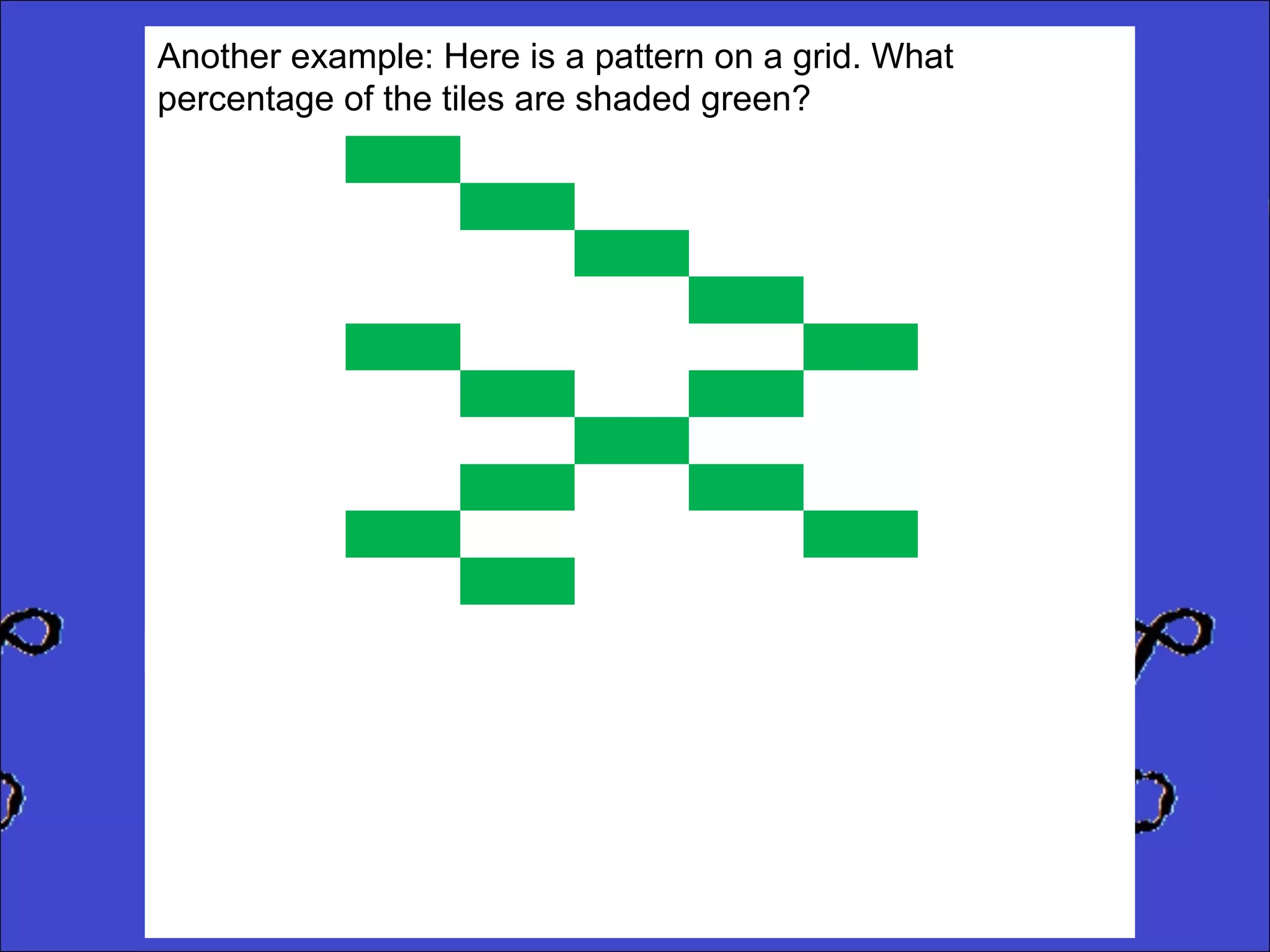 Another example: Here is a pattern on a grid. What
percentage of the tiles are shaded green?

 